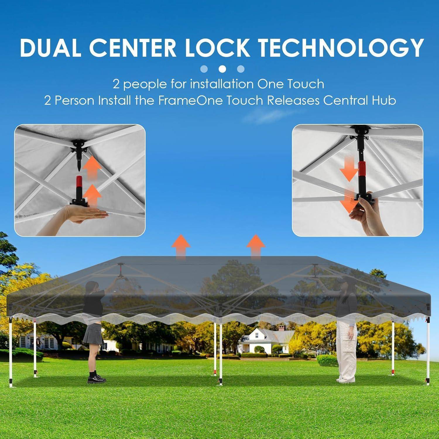 Diagramm zeigt „Dual Center Lock Technology" für ein Zeltdach: Zwei Personen installieren das Gestell, dann gibt ein Griff das zentrale Drehgelenk frei.