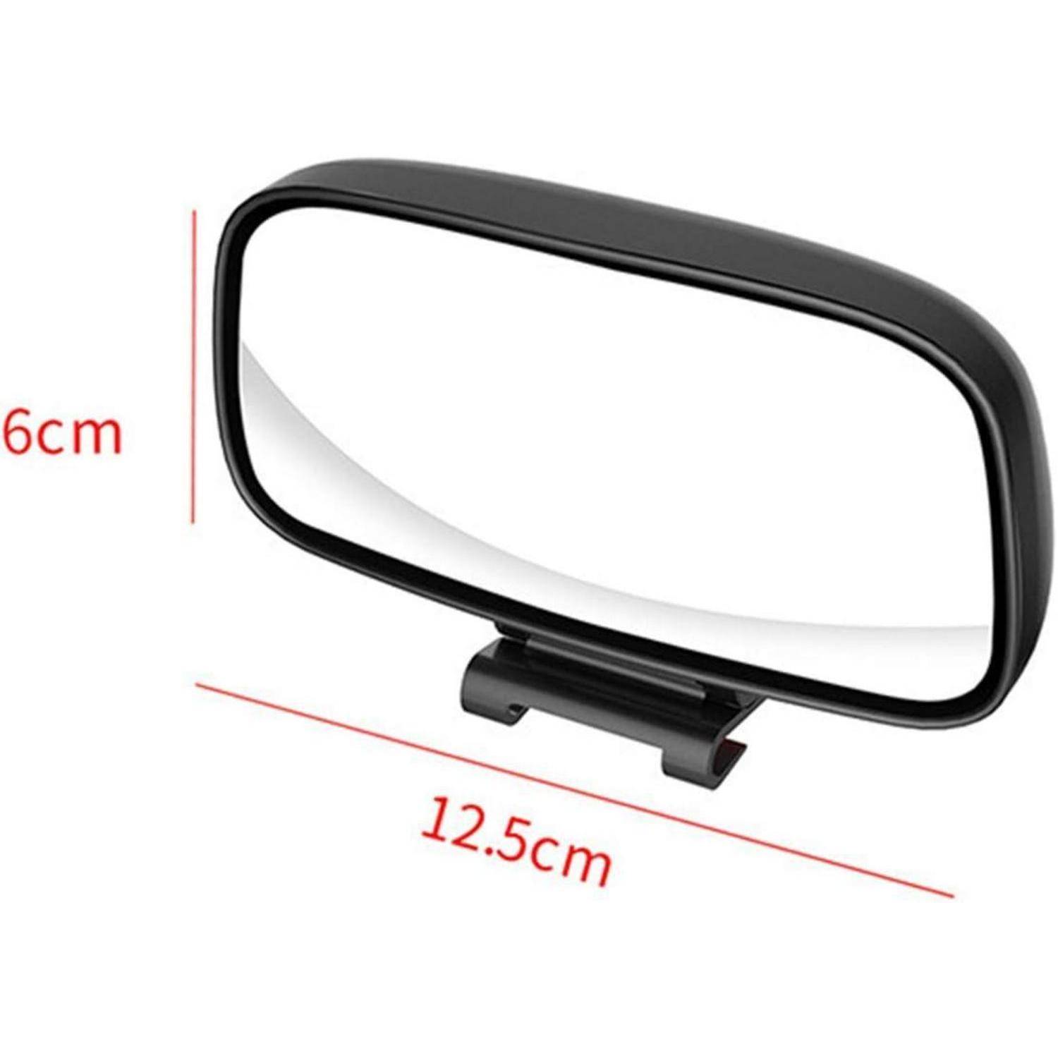 Schwarzer rechteckiger Rückspiegel mit Ständer, mit den Maßen 12,5 cm breit und 6 cm hoch.