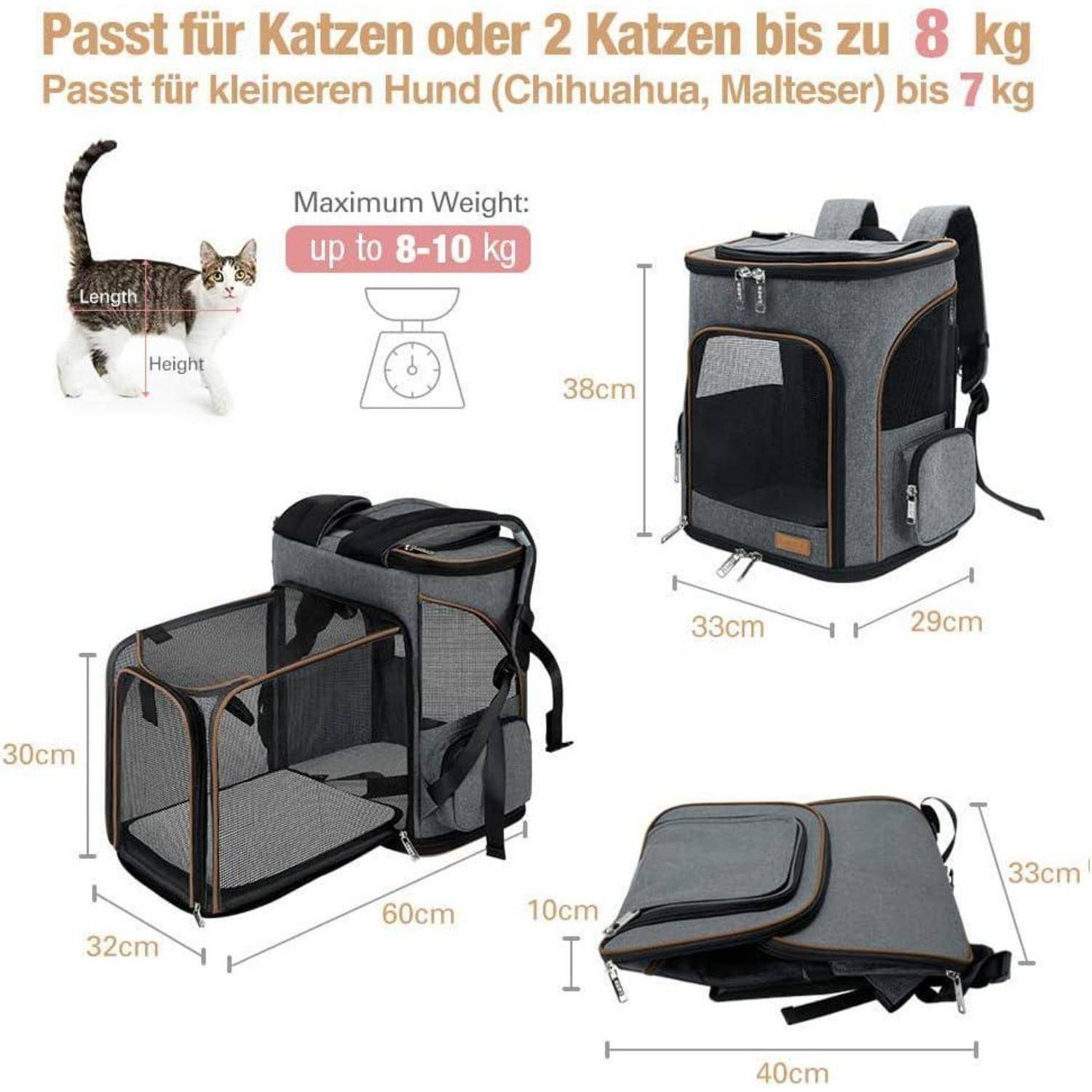 Infografik eines Haustier-Rucksacks, der sich in ein Kastenbett umwandelt; passt für 2 Katzen oder einen kleinen Hund. Zeigt Abmessungen und maximales Gewicht: bis zu 8-10 kg.
