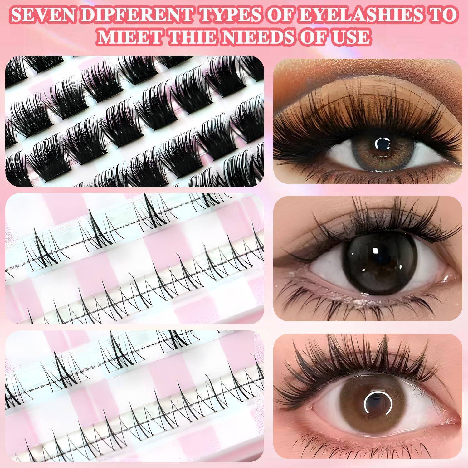 Infografik mit dem Titel „Sieben verschiedene Arten von Wimpern für verschiedene Einsatzzwecke