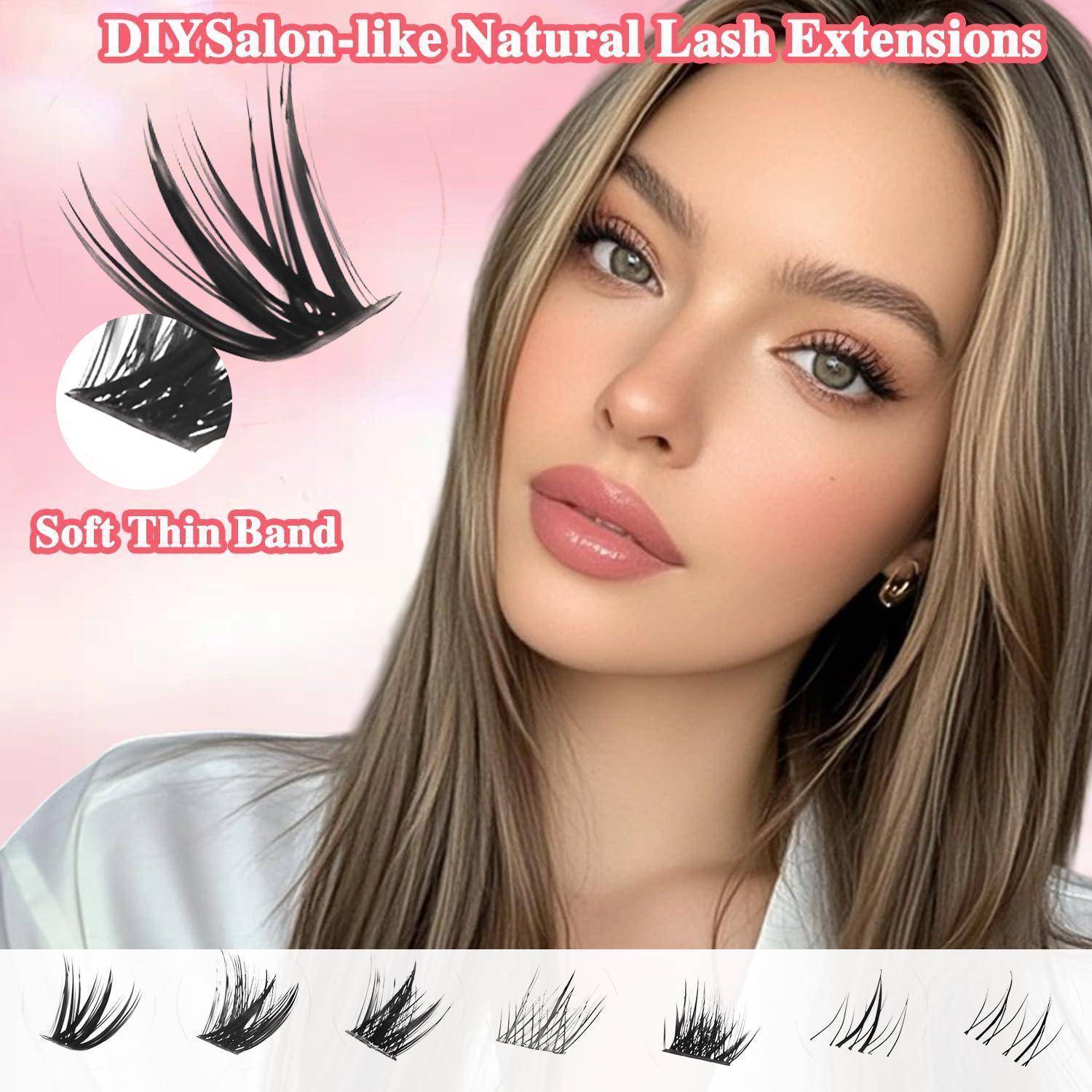 Werbebild einer Frau, die natürlich aussehende Wimpernverlängerungen trägt, mit dem Text „DIYSalon-ähnliche natürliche Wimpernverlängerungen