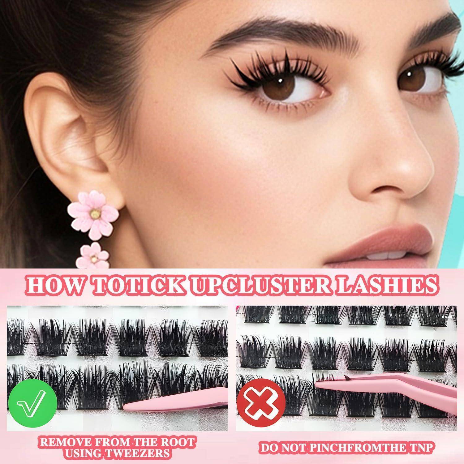 Beauty-Tutorial-Bild, das das Auge einer Frau und eine Anleitung zur Anwendung von Wimpernbüscheln zeigt: Verwenden Sie eine Pinzette, um Büschel von der Wurzel zu entfernen, nicht von der Spitze.