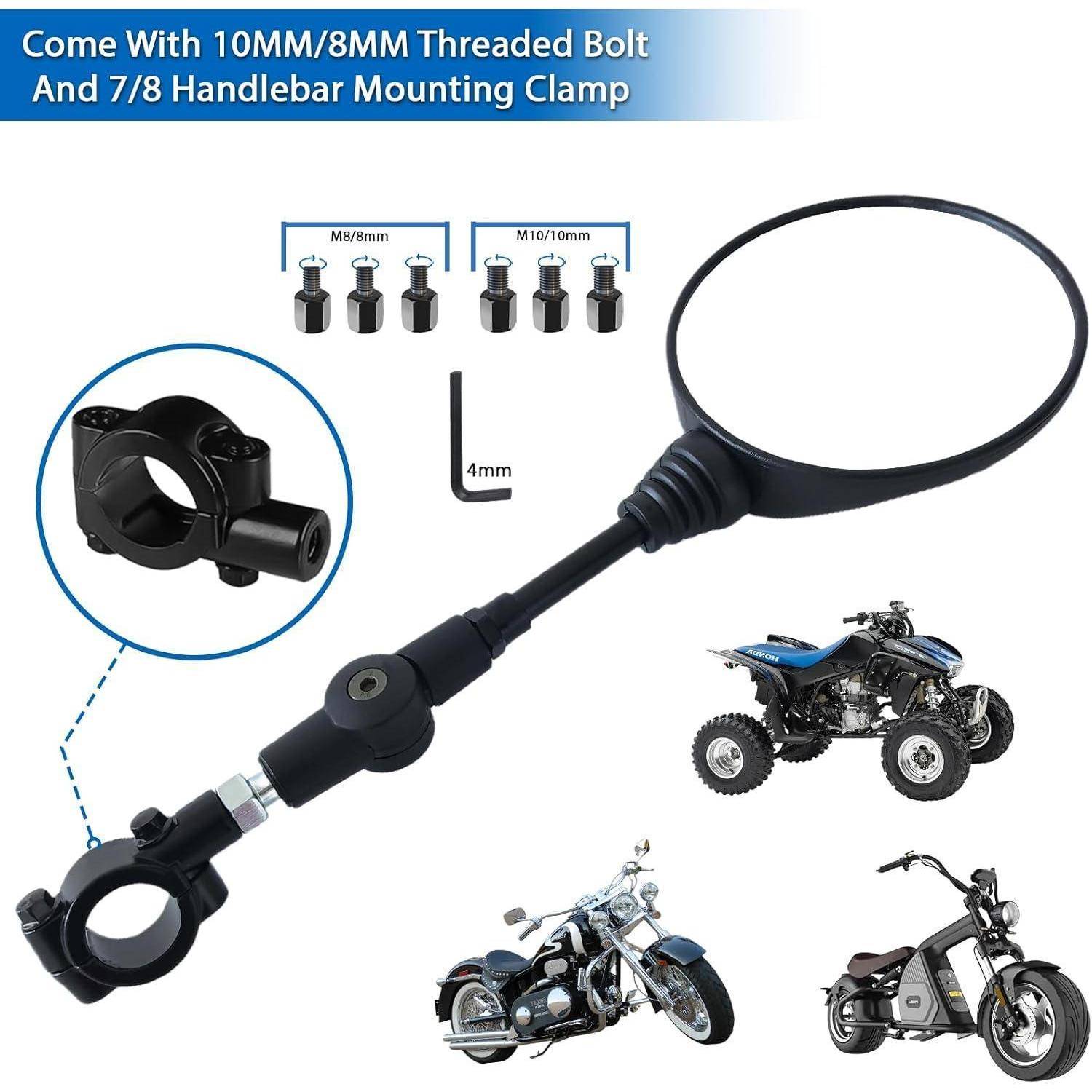 Produktbild eines Motorrad-Lenker-Rückspiegels mit 7/8-Zoll-Befestigungsklemme, einschließlich 10-mm- und 8-mm-Gewindebolzen und 4-mm-Schraubenschlüssel; gezeigt auf ATV, Motorrad und Roller.