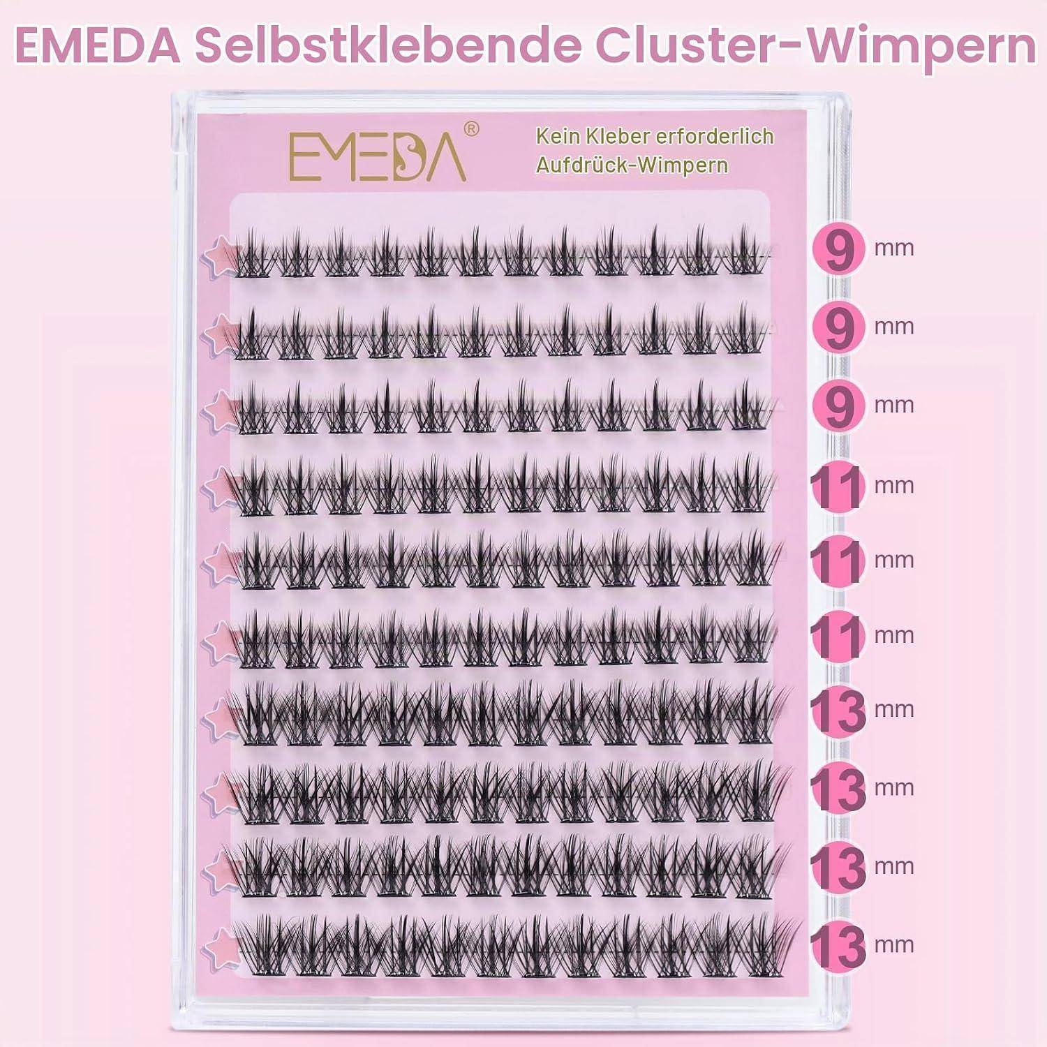 Packung mit selbstklebenden Wimpernbüscheln von EMEDA, zeigt Reihen von Wimpernbüscheln in Längen von 9, 11 und 13 mm.