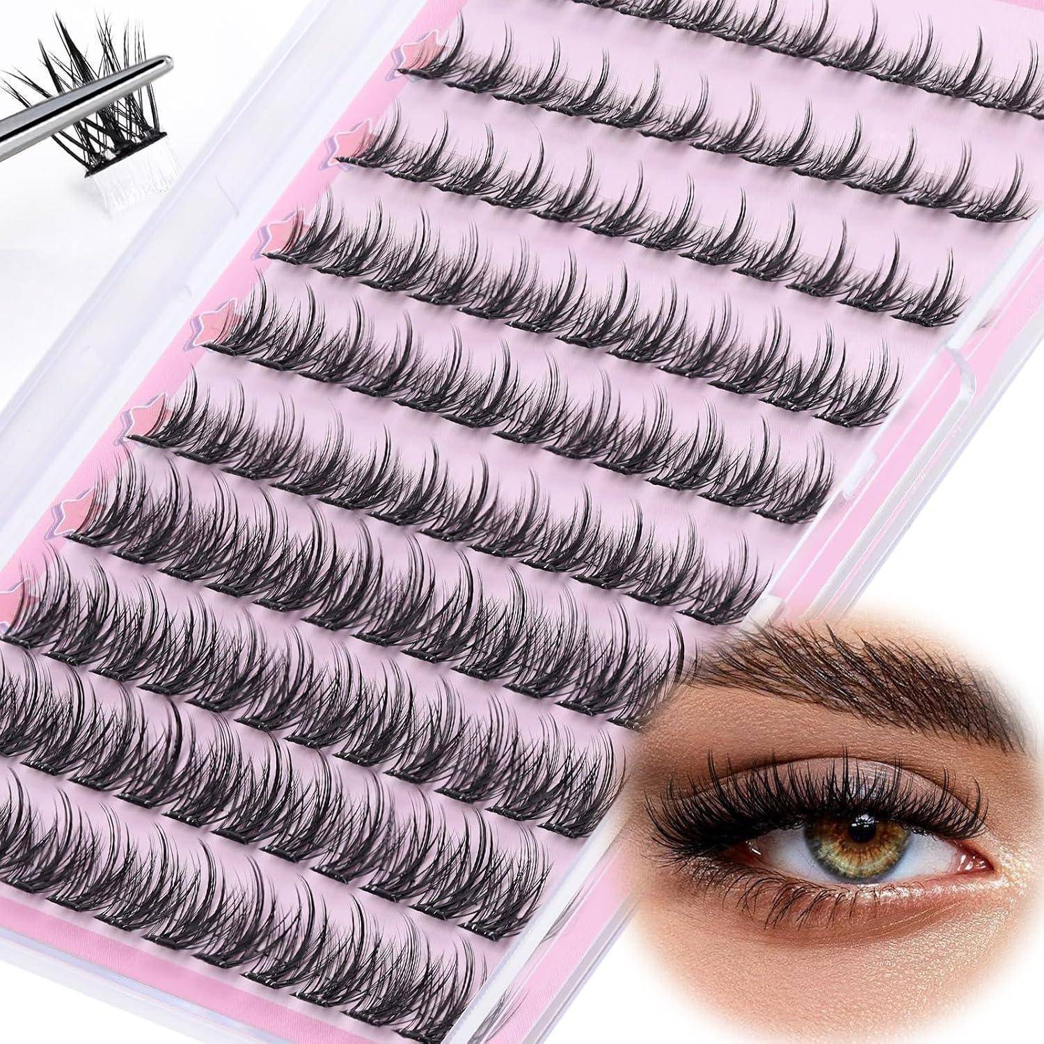 Tablett mit falschen Wimpern in einem rosa Etui neben einer Nahaufnahme eines Auges mit langen, vollen Wimpern und braunem Augen-Make-up.