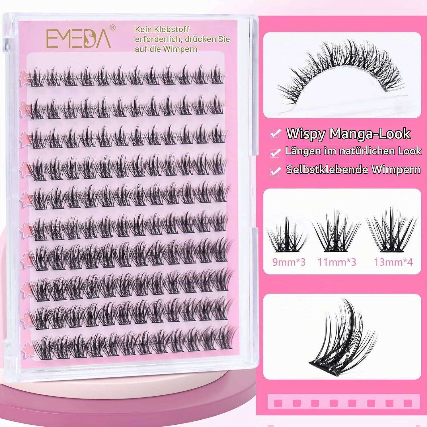 Packung selbstklebender falscher Wimpern in mehreren zarten Stilen und Längen, gekennzeichnet mit „Wispy Manga-Look