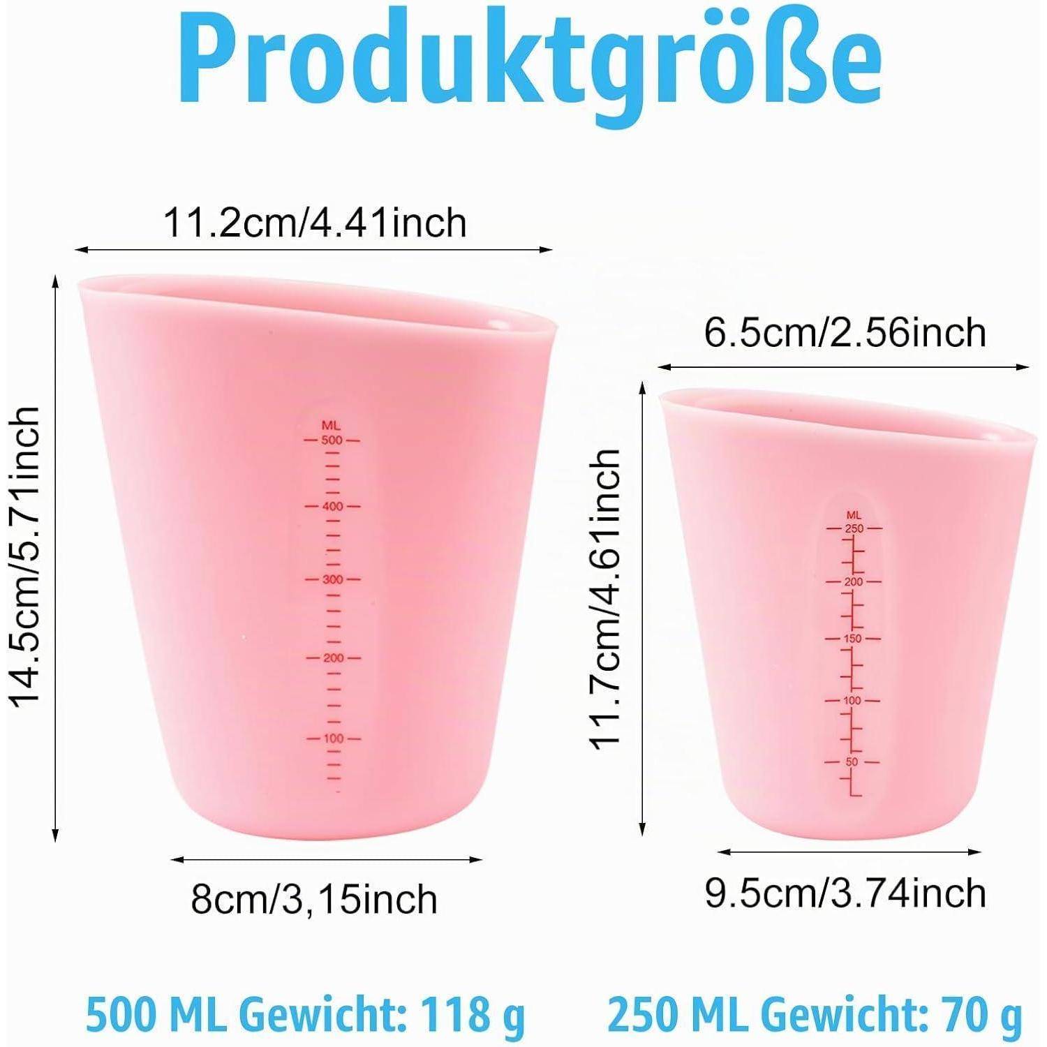 Größentabelle des Produkts mit zwei rosa Messbechern: 500-ml-Becher mit den Abmessungen 14,5 x 11,2 x 8 cm und 250-ml-Becher mit den Abmessungen 11,7 x 9,5 x 6,5 cm.