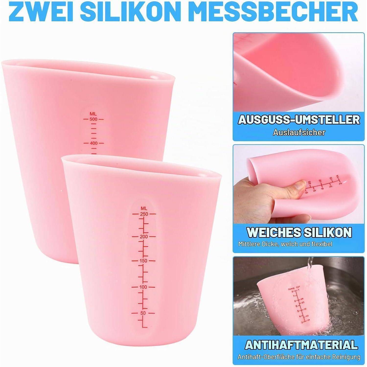 Produktanzeige für zwei rosa Silikonmessbecher mit Volumenmarkierungen und Text, der auslaufsichere Ausgießer, weiches flexibles Silikon und Hitzebeständigkeit hervorhebt.