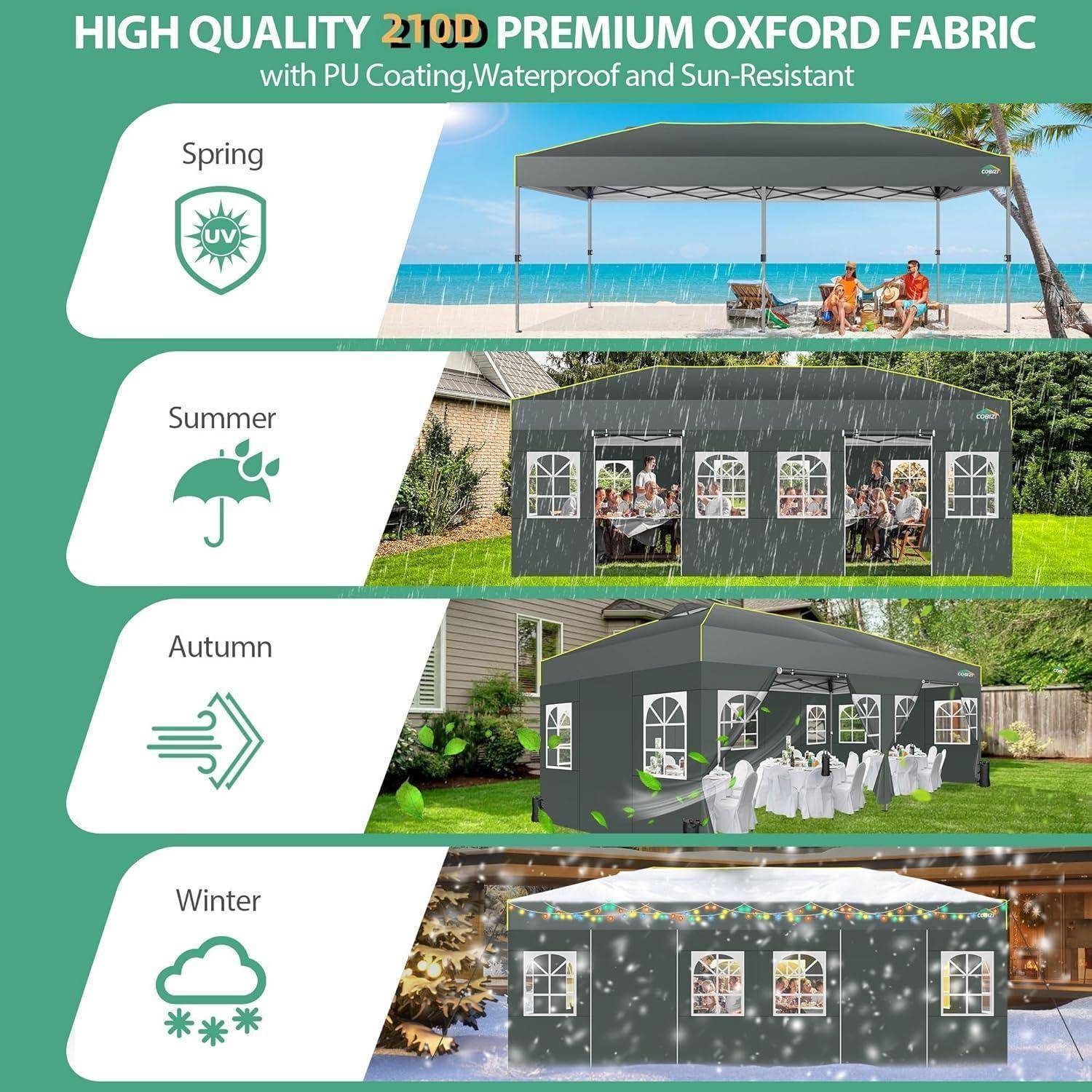 Infografik mit einem 10x10 Premium-Oxford-Stoff-Pavillon mit PU-Beschichtung, wasserdicht und sonnenschutzbeständig, verwendbar im Frühling, Sommer, Herbst und Winter.