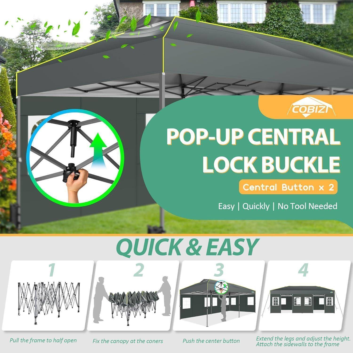 Illustration eines Popup-Baldachins mit einer "Pop-up-Zentralverriegelungsschnalle"" und ""schneller & einfacher"" 4-Schritt-Aufbau: Rahmen auseinanderziehen, Ecken sichern, Mitteltaste drücken, Beine ausfahren.