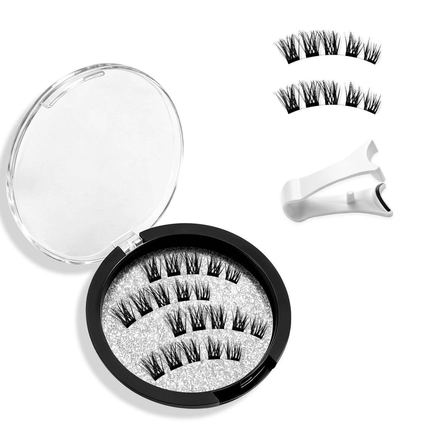 Offener Make-up-Kompakt mit mehreren Kunstwimpern-Streifen, Wimpernapplikator und Pinzettenwerkzeug auf weißem Hintergrund.
