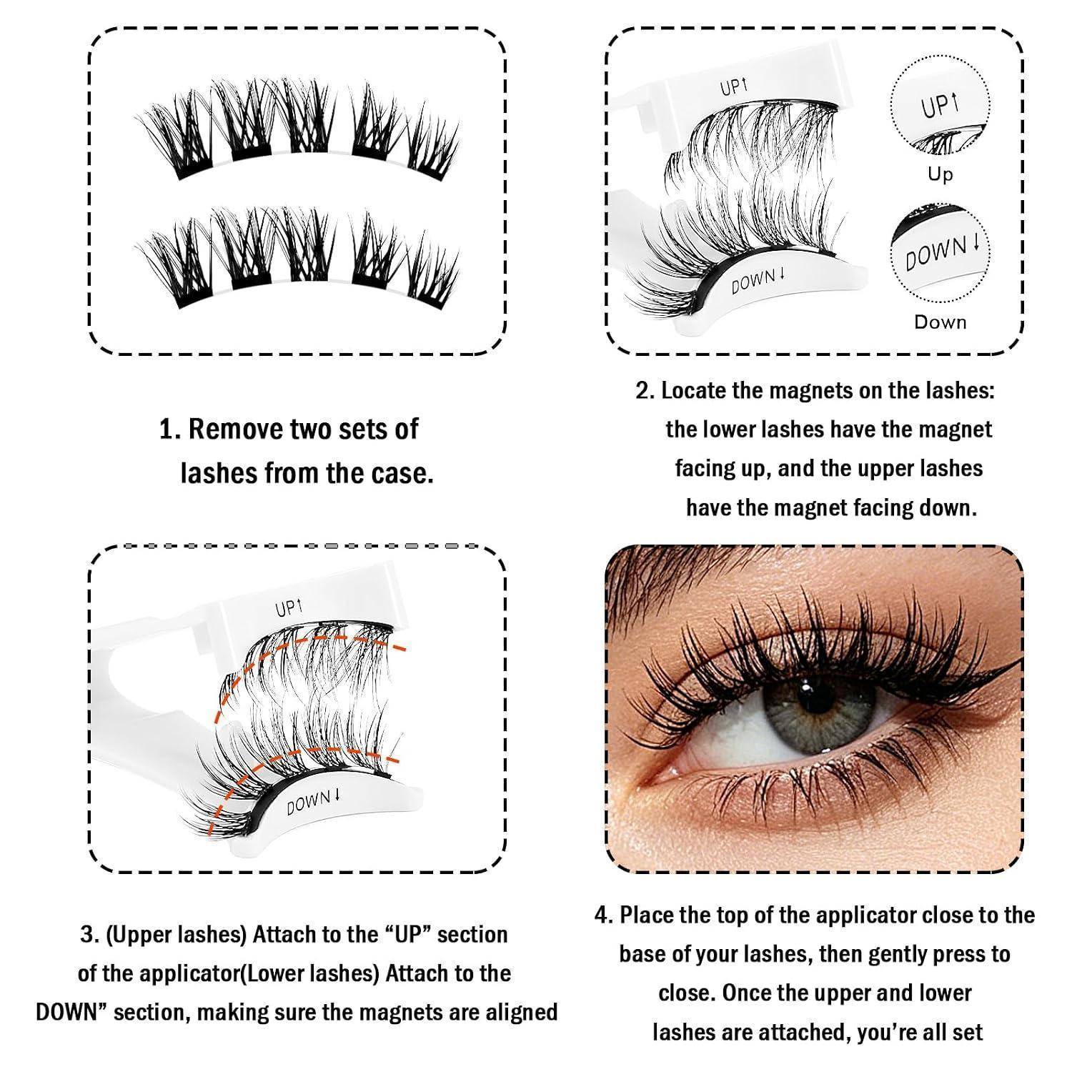 Anleitungsgrafik zum Anbringen von magnetischen Kunstwimpern in vier Schritten: Wimpern entfernen, Magnete an den OBEN- und UNTEN-Applikatorteilen ausrichten, dann auf das Auge drücken.