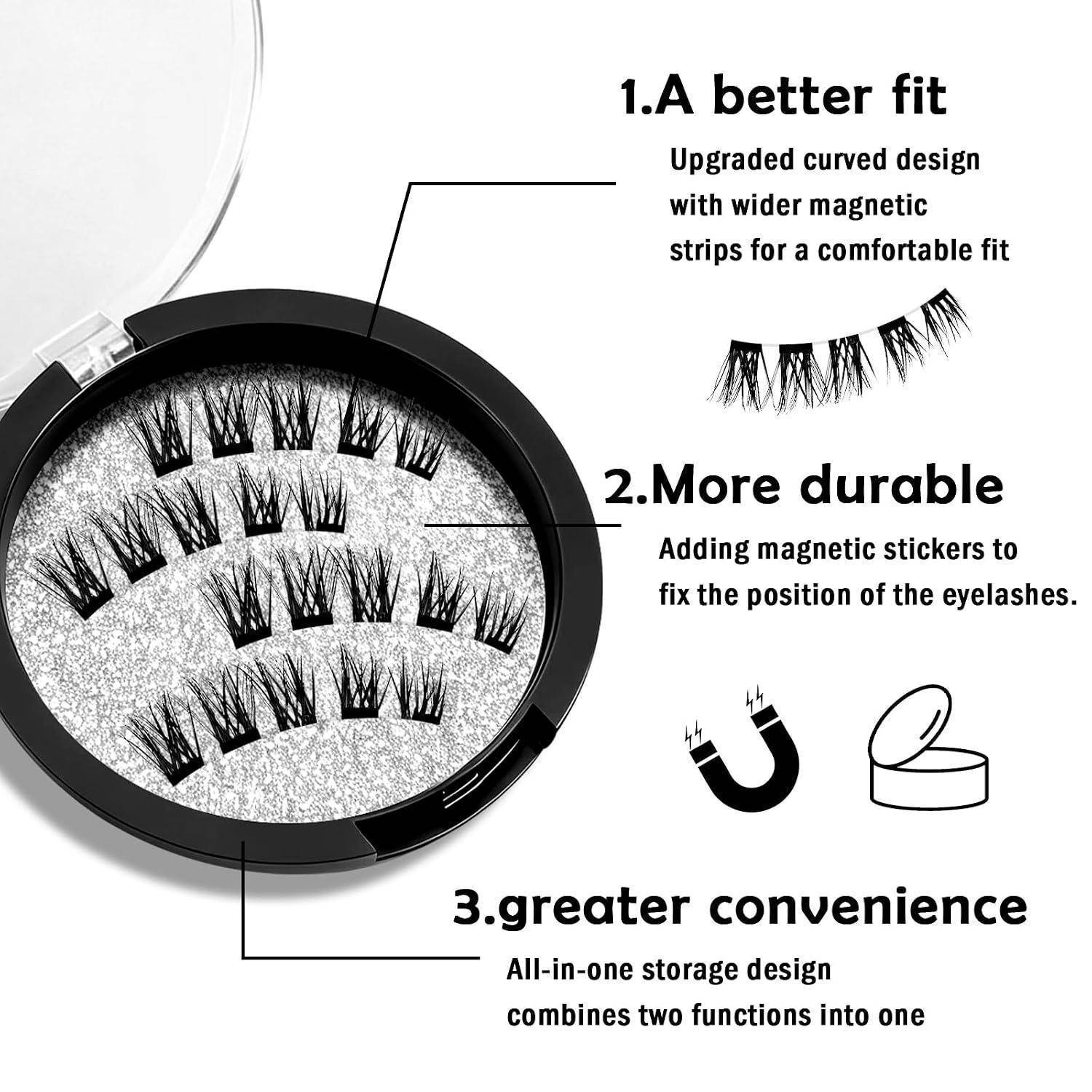 Infografik von magnetischen künstlichen Wimpern in einem runden Compact, die 3 Vorteile hervorhebt: bessere Passform, größere Haltbarkeit und mehr Bequemlichkeit.