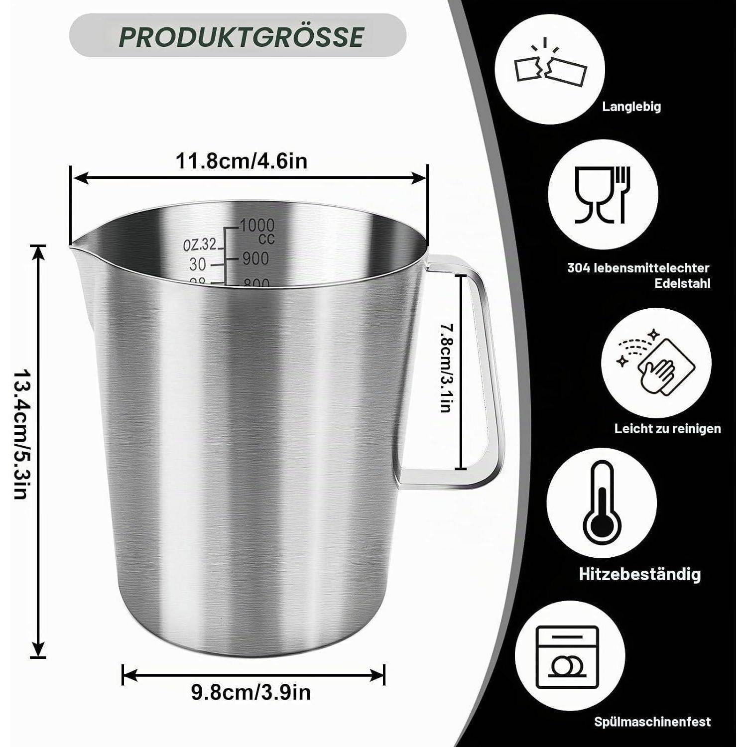 Messbecher aus Edelstahl mit Griff, Produktgröße gekennzeichnet als 11,8 cm breit, 13,4 cm hoch, 9,8 cm Basis und 7,8 cm Griff; Symbole zeigen langlebig, lebensmittelgerecht 304er Stahl, leicht zu reinigen, hitzebeständig, spülmaschinenfest.