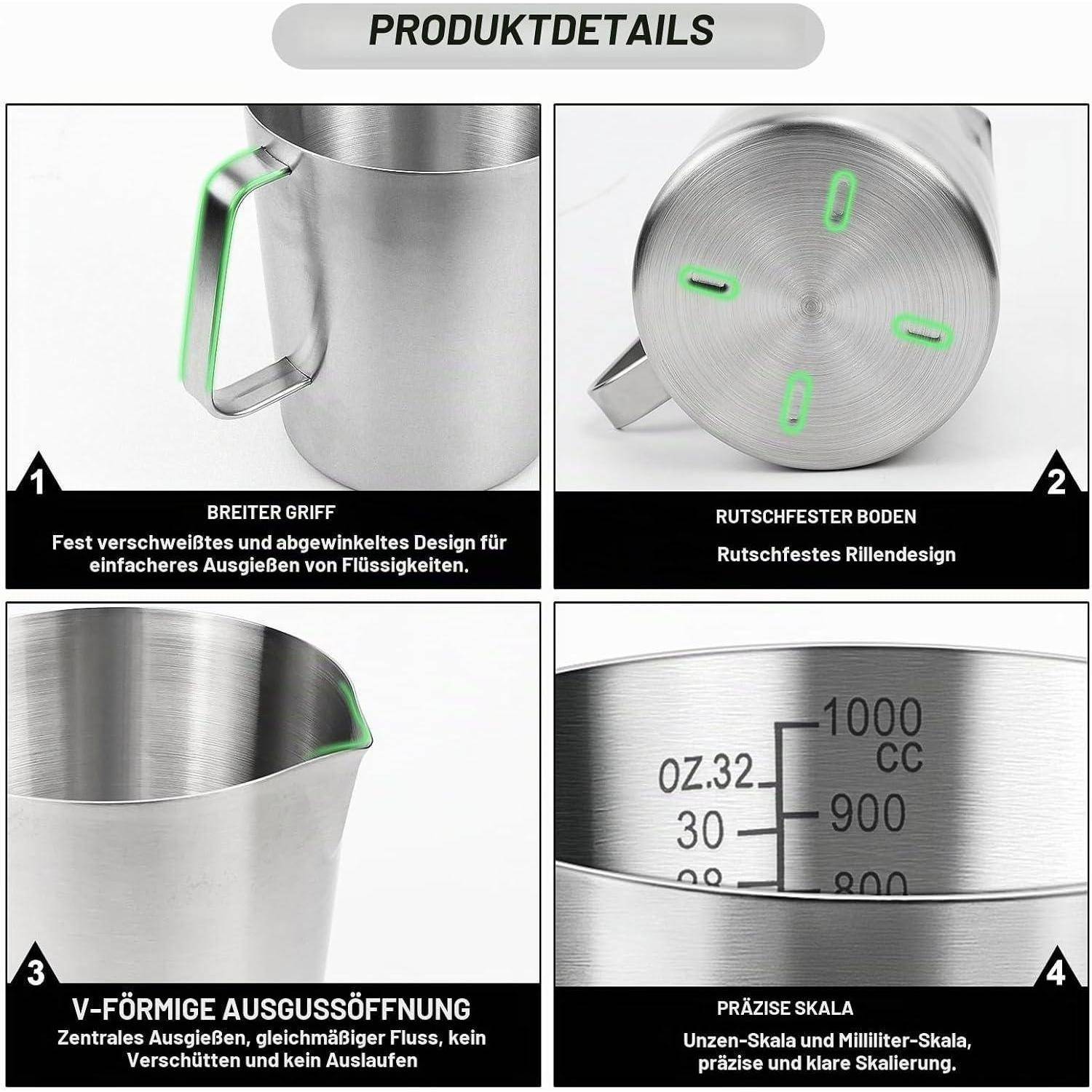 Produktdetails-Infografik eines Edelstahl-Messgefäßes mit breitem Griff, rutschfestem gerilltem Boden, V-förmiger Ausgießtülle und präziser Skala in Unzen und Millilitern.