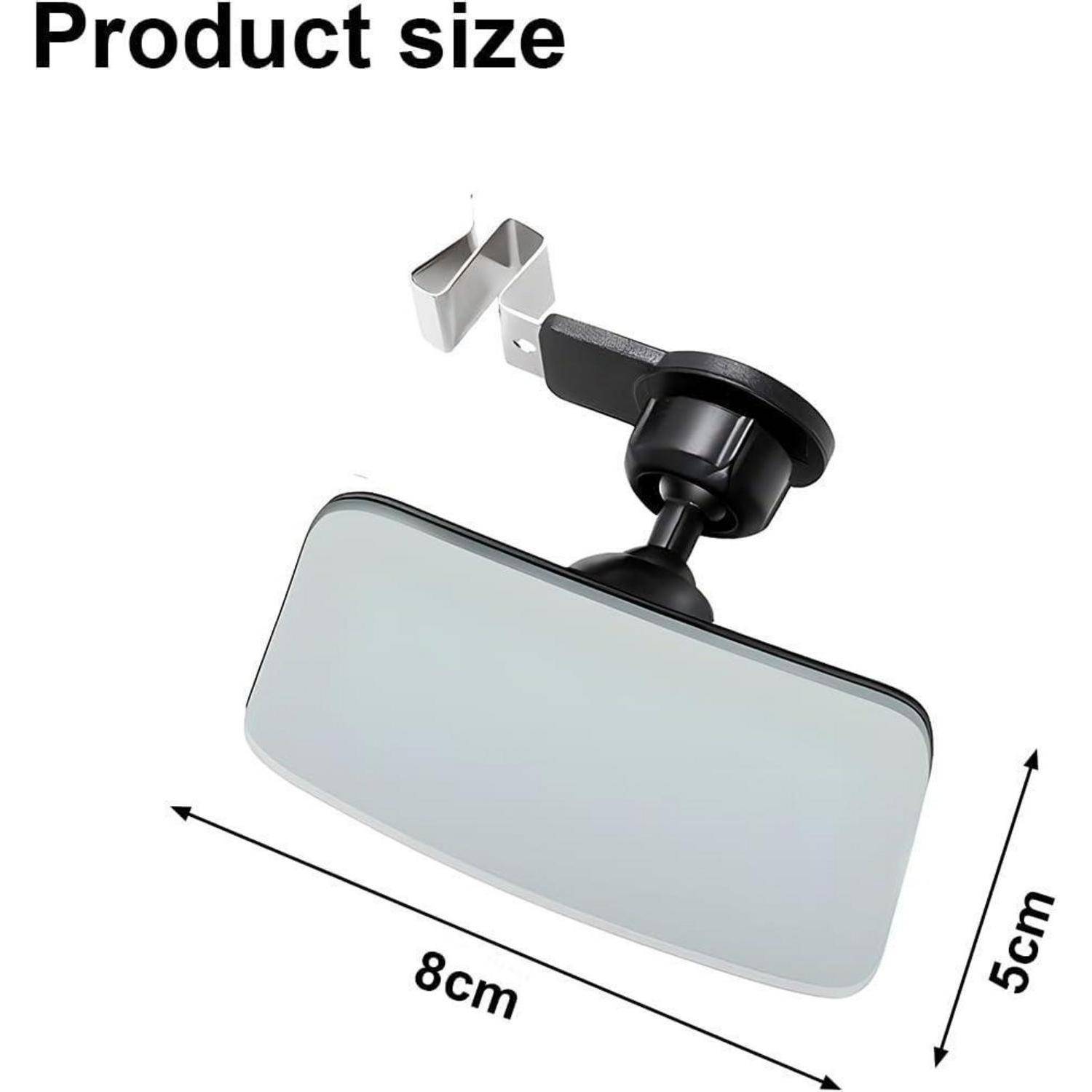 Produktgrößendarstellung eines rechteckigen Auto-Rückspiegels mit Saugnapfhalterung, beschriftet mit 8 cm Breite und 5 cm Höhe.