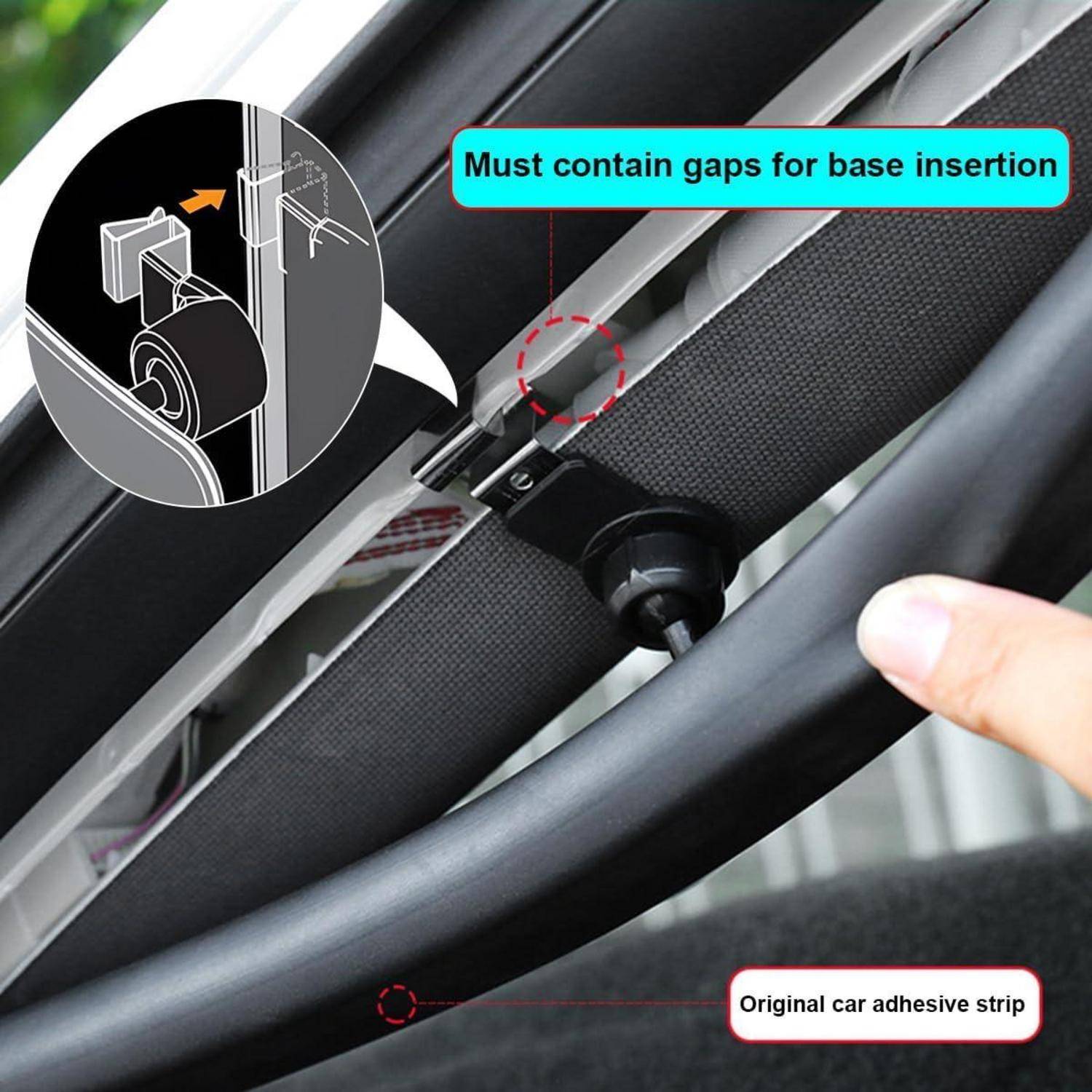 Nahaufnahme einer Autofenster-Sonnenschutzvorrichtung/Klemme, die installiert wird, mit Beschriftungen, die 