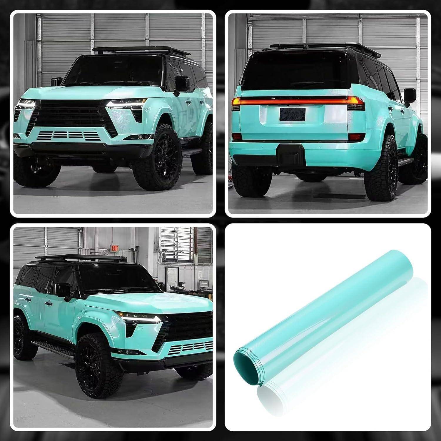 Collage mit einem türkisfarbenen SUV mit schwarzem Dach und Rädern in Vorder-, Hinter- und Schrägansichten sowie einer Rolle passender Aqua-Vinyl-Folie.