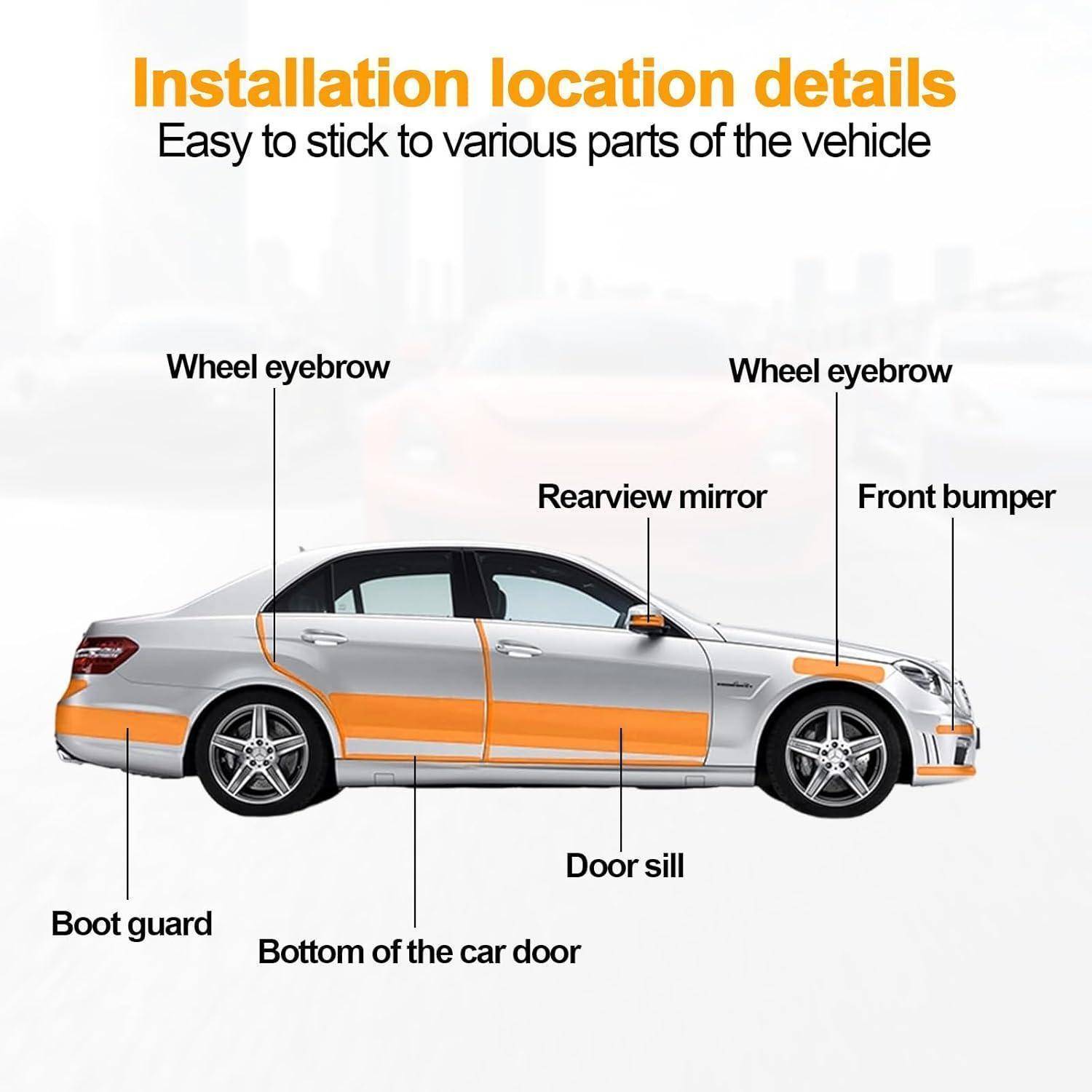 Autoanleitung mit Installationsorten für orangefarbene reflektierende Streifen: Radkotflügel, Rückspiegel, vordere Stoßstange, Kofferraumschutz, Türschwelle und unterer Türbereich.