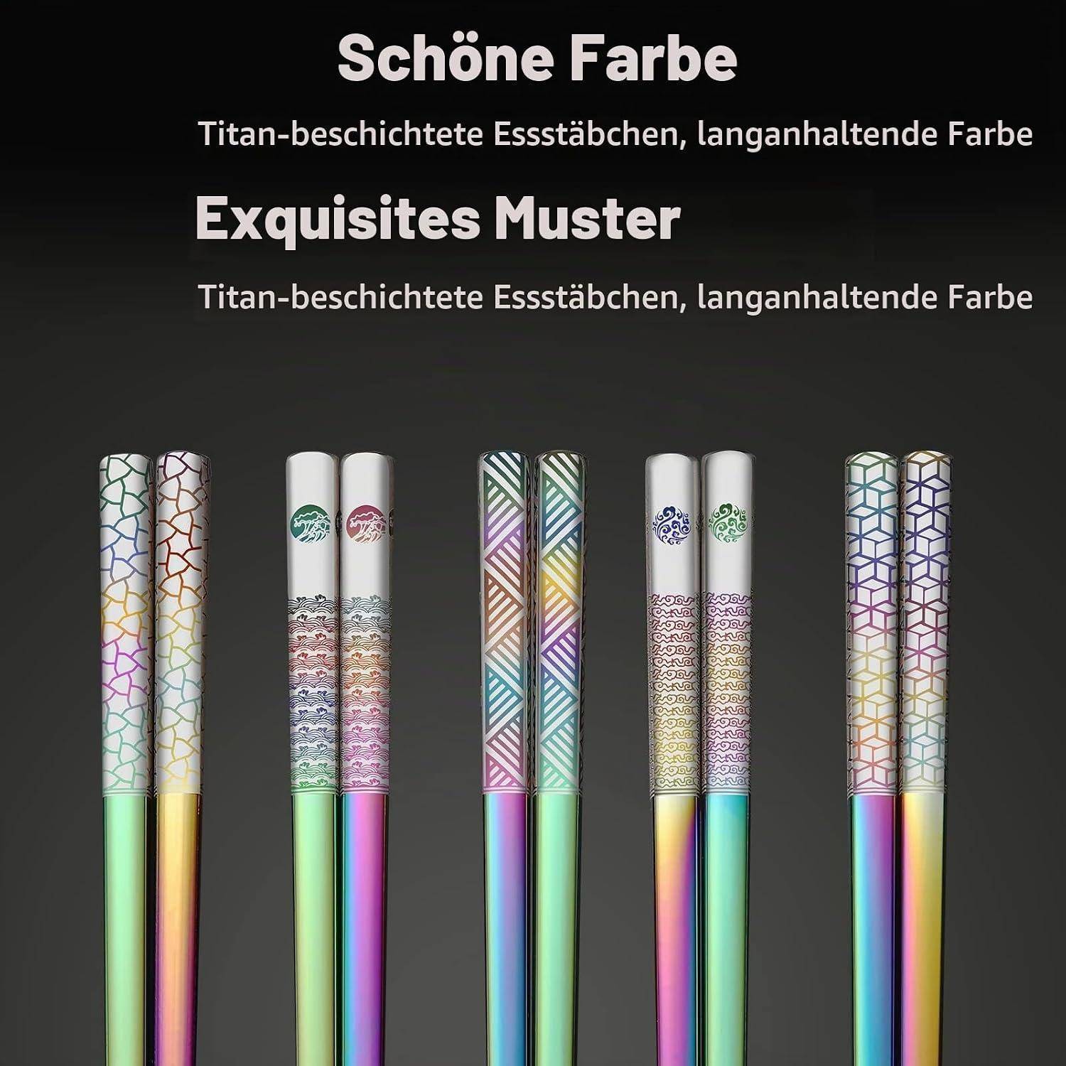 Werbegrafik mit sechs Paar dekorativen, titanbeschichteten Stäbchen mit farbenfrohen Mustern, beschriftet in Deutsch mit „Schöne Farbe