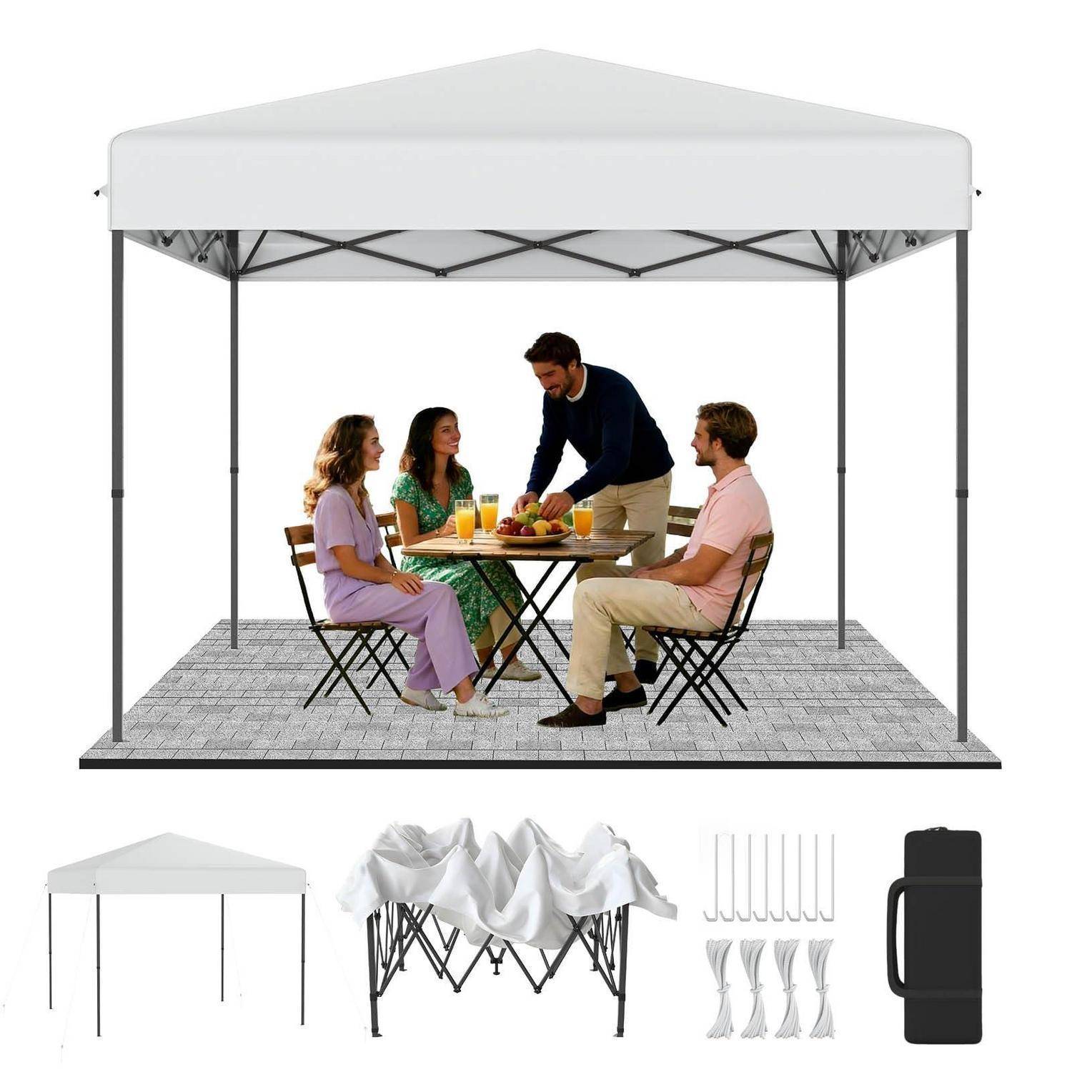 Tragbares Pop-Up-Pavillon-Zelt, das montiert mit vier Personen um einen Tisch herum gezeigt wird, plus zusammengeklappter Rahmen, Abdeckung, Heringe und Transporttasche darunter.