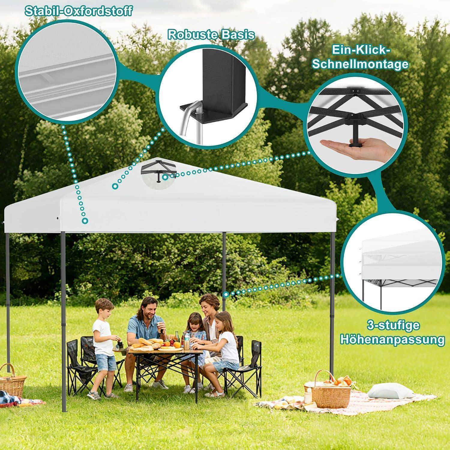 Illustration eines weißen Pop-Up-Gazebodachs mit Familie beim Picknick darunter, hervorgehoben werden 'Stabil-Oxfordstoff', 'Robuste Basis', 'Ein-Klick-Schnellmontage' und '3-stufige Höhenanpassung'.