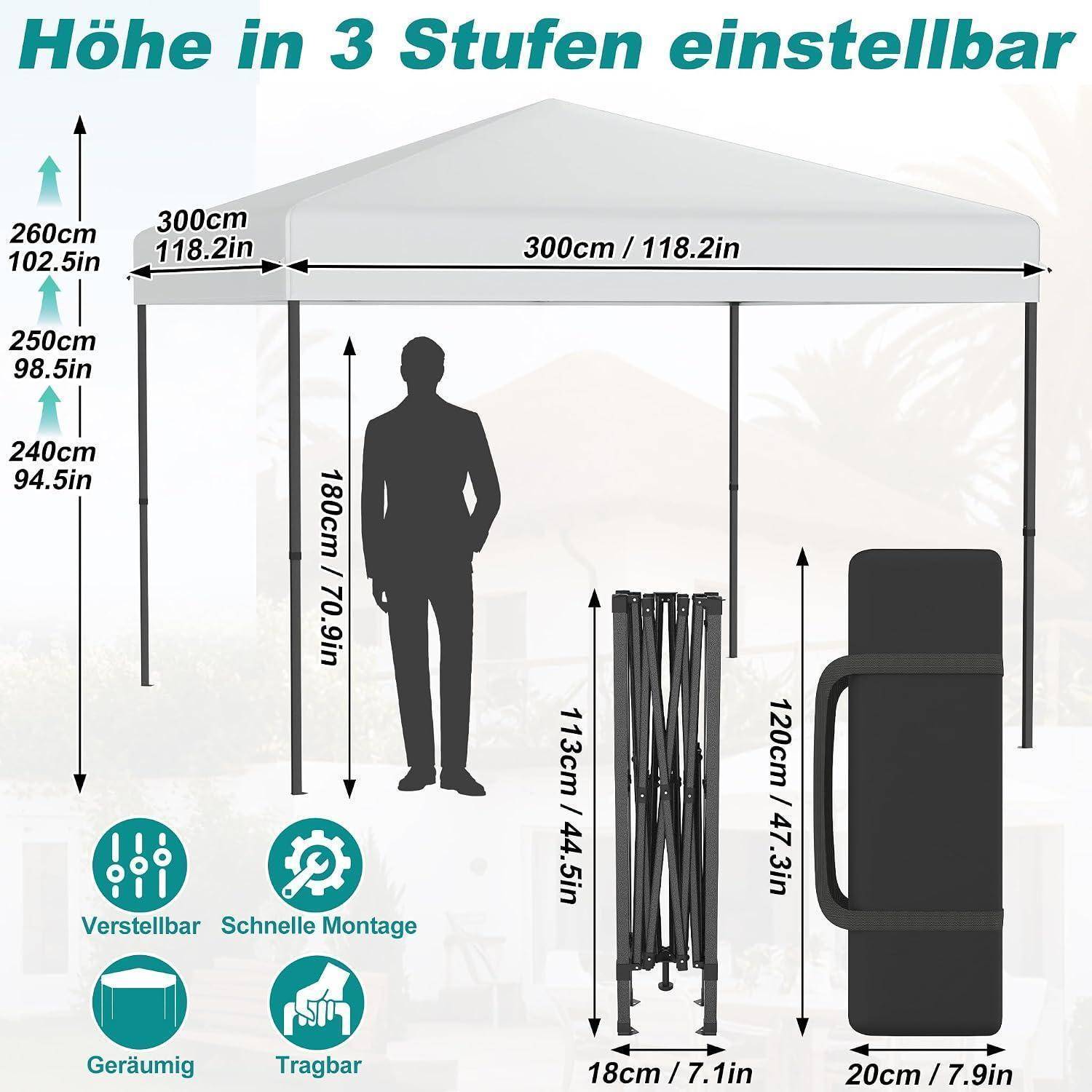 Diagramm eines Pop-up-Markisenzelt mit einstellbarer Höhe auf 3 Ebenen: 240, 250 und 260 cm, mit 300 cm Breite und mitgelieferter Transporttasche.
