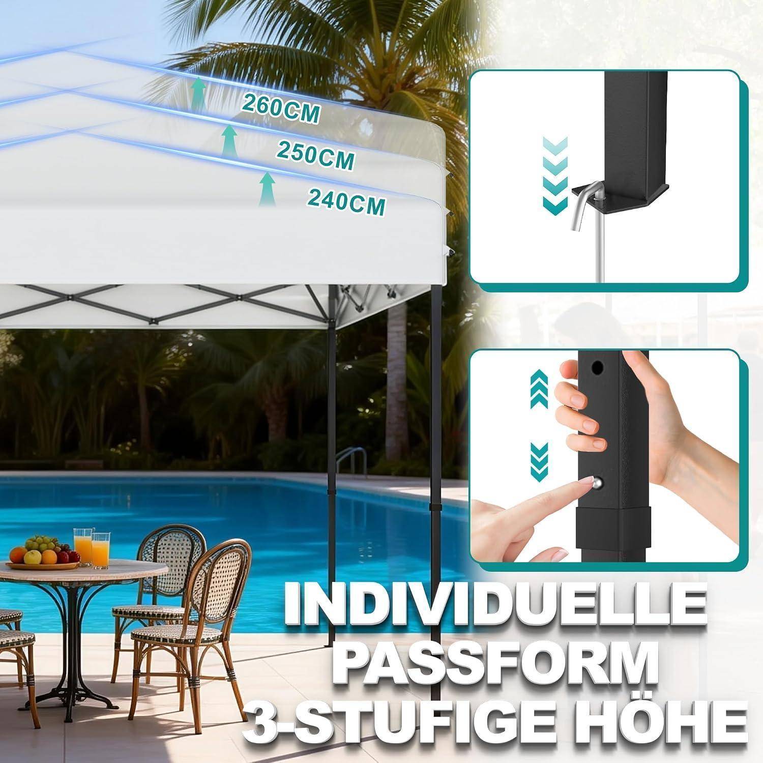 Pop-up-Pavillon neben einem Pool mit verstellbaren 3-stufigen Höhenmarkierungen 240CM, 250CM, 260CM, gezeigt mit Nahaufnahmen des Verriegelungsmechanismus und der Tasten.