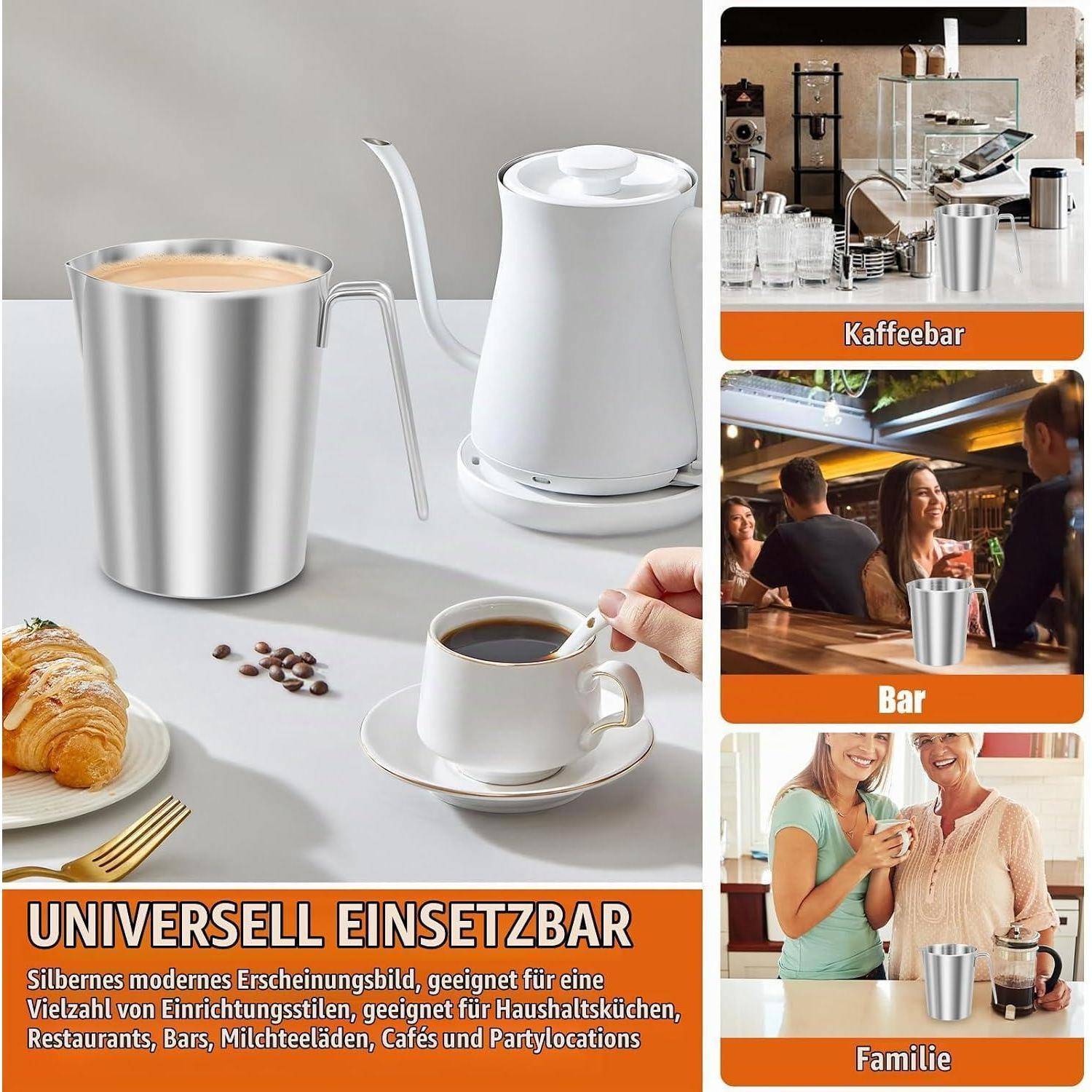 Werbegrafik zeigt eine silberne isolierte Tasse und weiße Kaffeekanne; Seitenpaneele zeigen sie in einer Kaffeebar, Bar und Familienumgebung. Text: 'UNIVERSELL EINSETZBAR'.