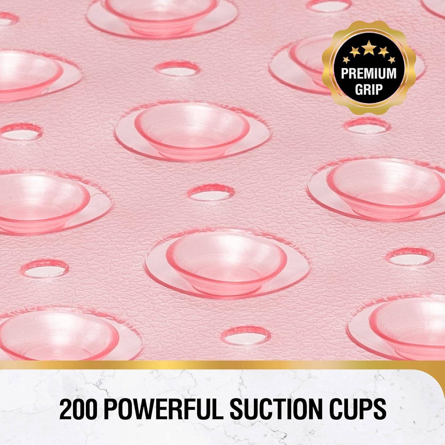 Rosa strukturierte Matte mit vielen Saugnäpfen und einem Etikett mit der Aufschrift „PREMIUM GRIP"; der Text besagt „200 POWERFUL SUCTION CUPS"".