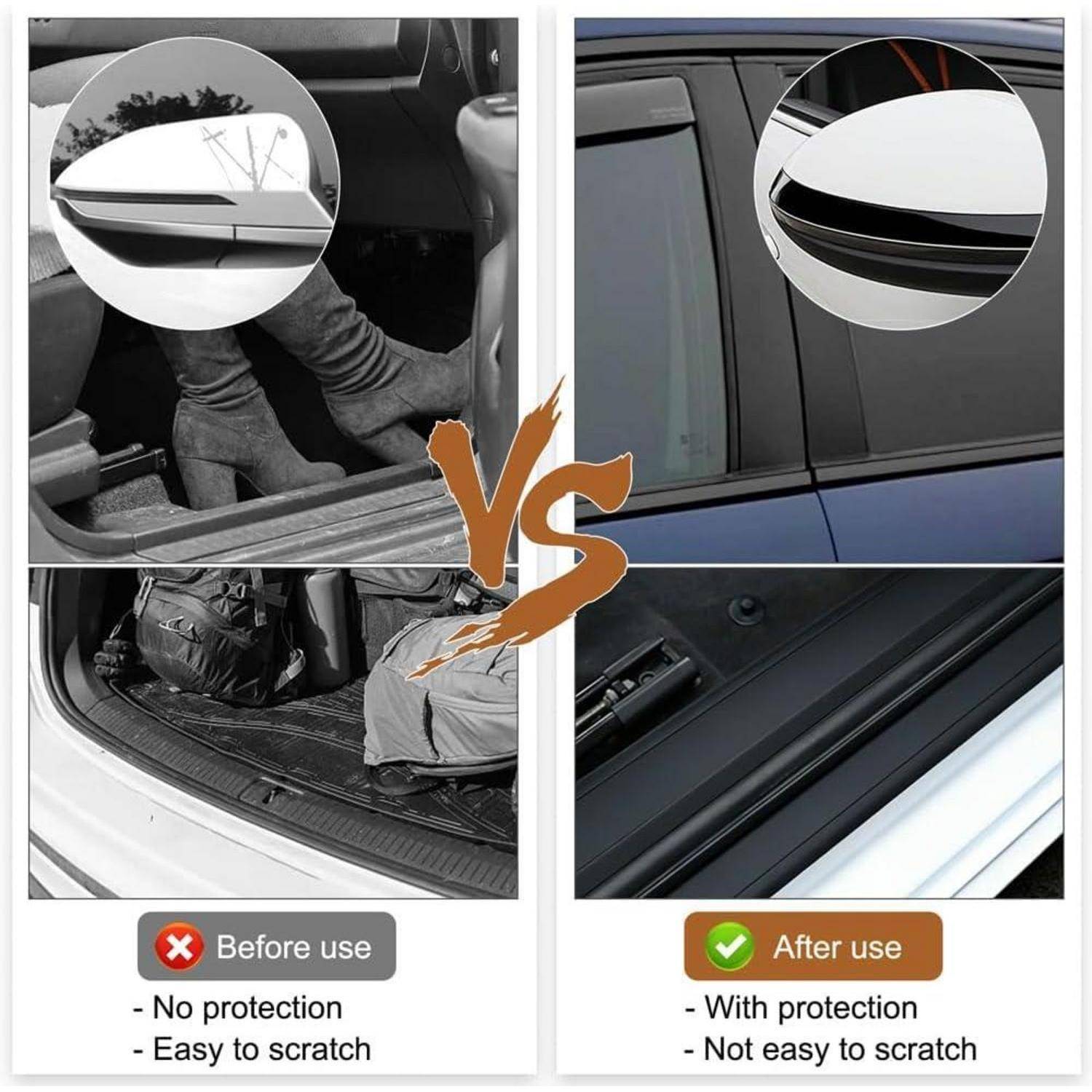 Vergleichsbild des Türschwellenschutzes für Autos: „Vor Gebrauch" zeigt ungeschützte Verkleidung, die leicht zu kratzen ist; „Nach Gebrauch"" zeigt einen Schutzstreifen, der Kratzern widersteht.