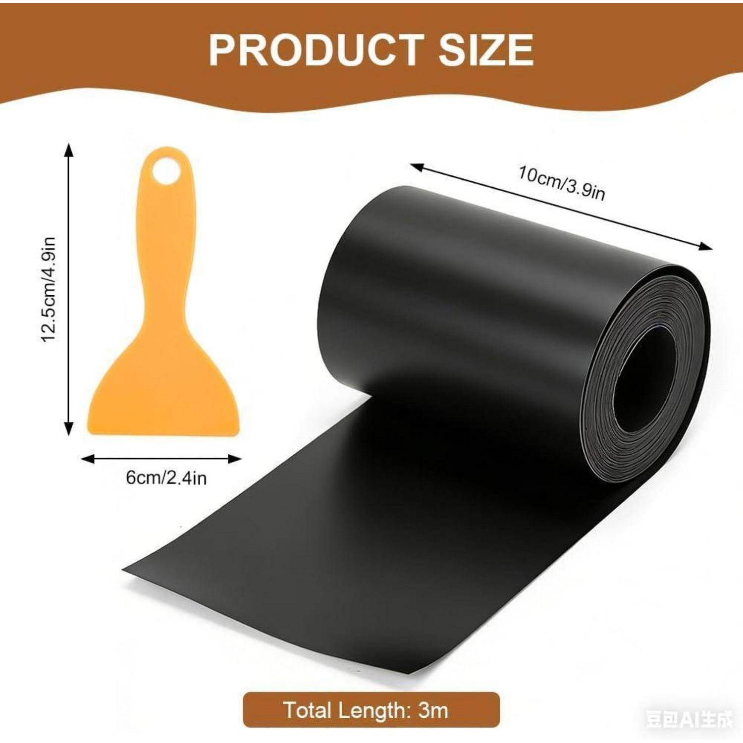 Produktgrößen-Diagramm mit einer schwarzen Materialrolle und einem gelben Schaber; Rollenbreite 10 cm, Schaber 12,5 cm hoch und 6 cm breit, Gesamtlänge 3 m.