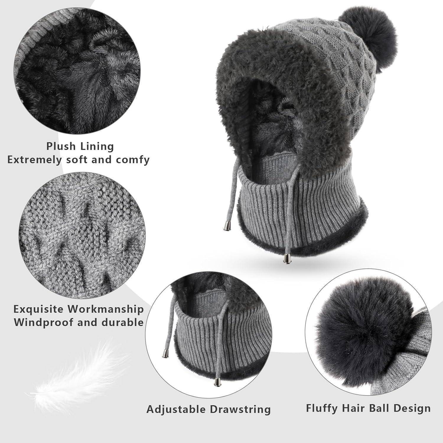 Wintermütze mit Plüschfutter, verstellbarer Zugschnur und flauschigem Pompon; Beschriftungen heben Wärmeleistung, Windschutz, Langlebigkeit und Handwerkskunst hervor.