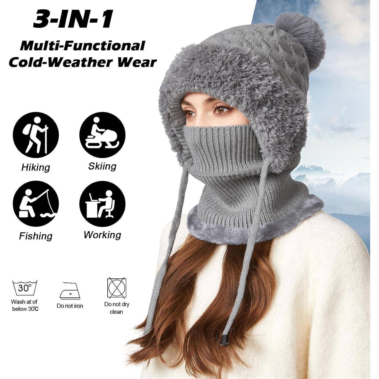 Anzeige für eine 3-in-1-Multifunktions-Kältemütze mit Gesichtsbedeckung und Bommel, gezeigt zum Wandern, Skifahren, Angeln und Arbeiten.