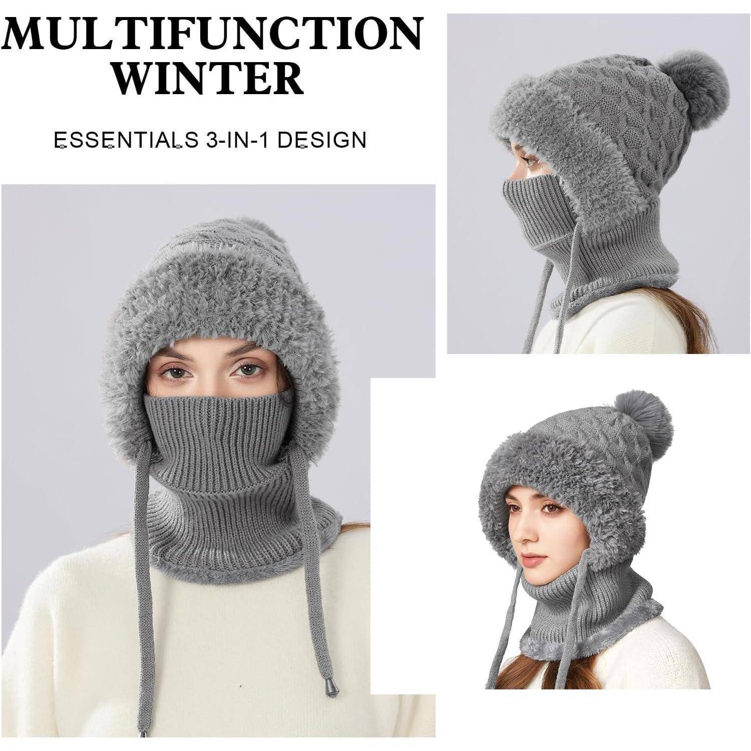 Werbebild für „Multifunktionale Winter-Essentials mit 3-in-1-Design" zeigt eine graue Strickmütze, Gesichtsmaske und Nackenma an drei verschiedenen Trageansichten.