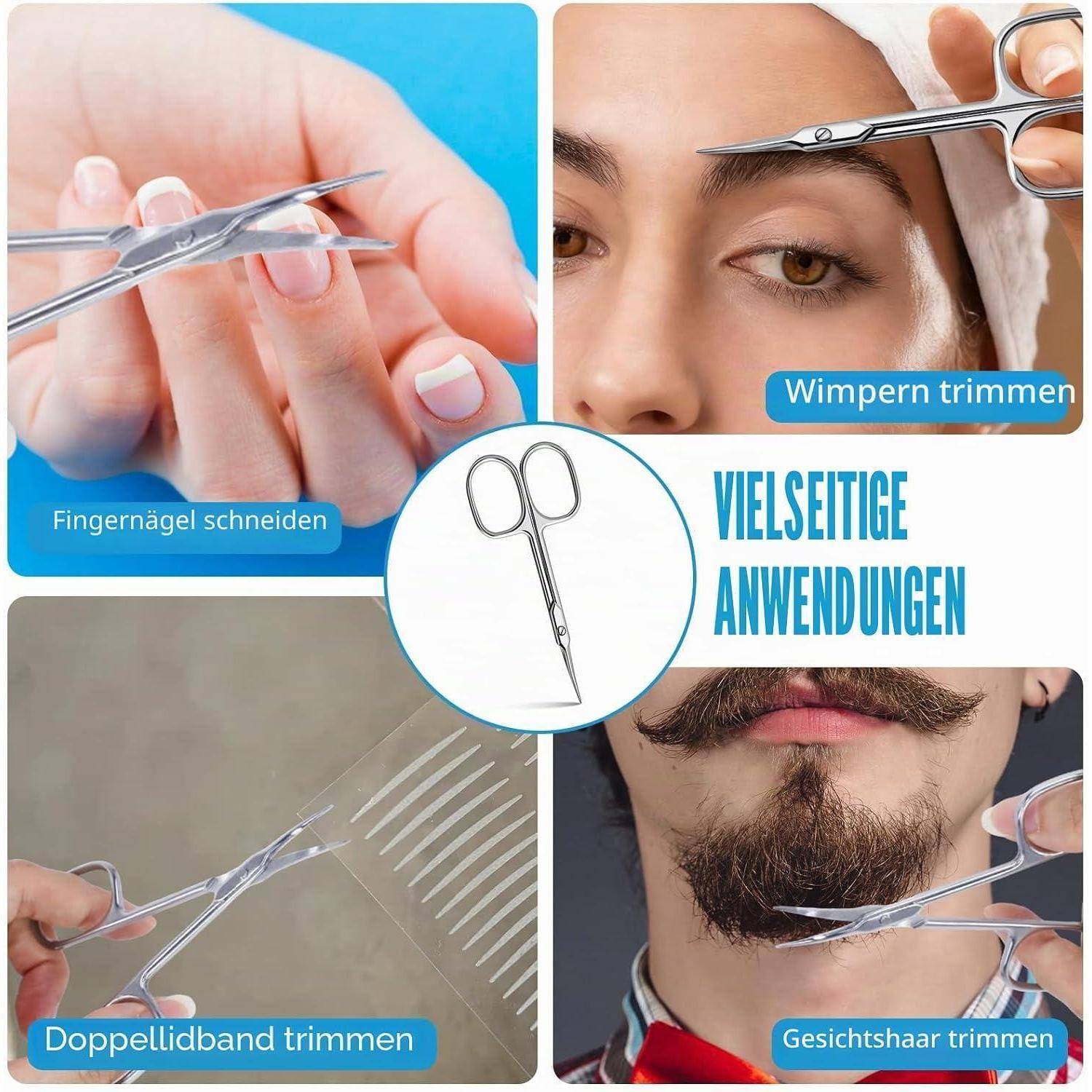 Infografik von Schere mit vielfältigen Verwendungszwecken: Schneiden von Fingernägeln, Wimpern, beidseitigem Klebeband und Gesichtshaaren.
