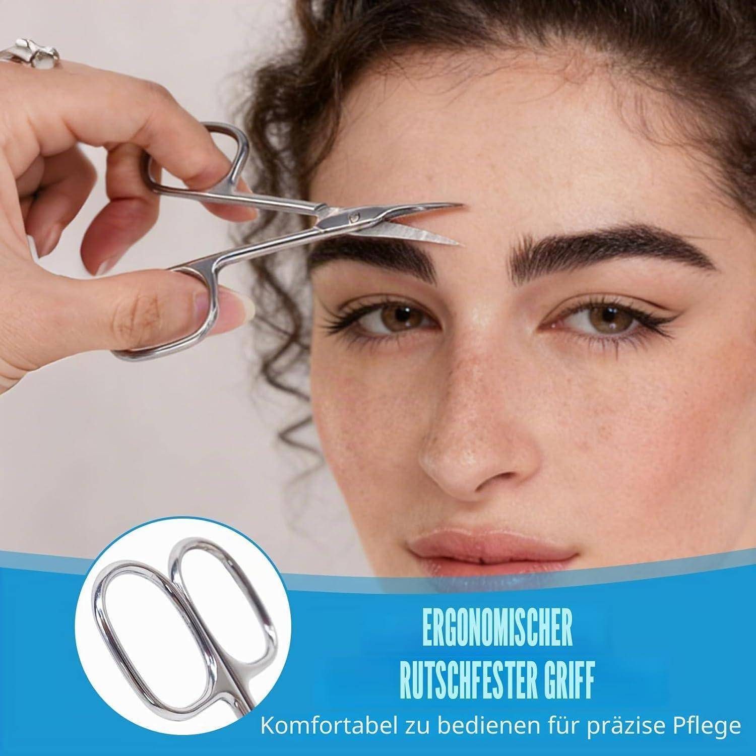 # Nahaufnahme einer Frau, deren Augenbraue mit Trimmer­schere geschnitten wird, mit deutschem Text, der einen ergonomischen, rutschfesten Griff für präzise Pflege bewirbt.