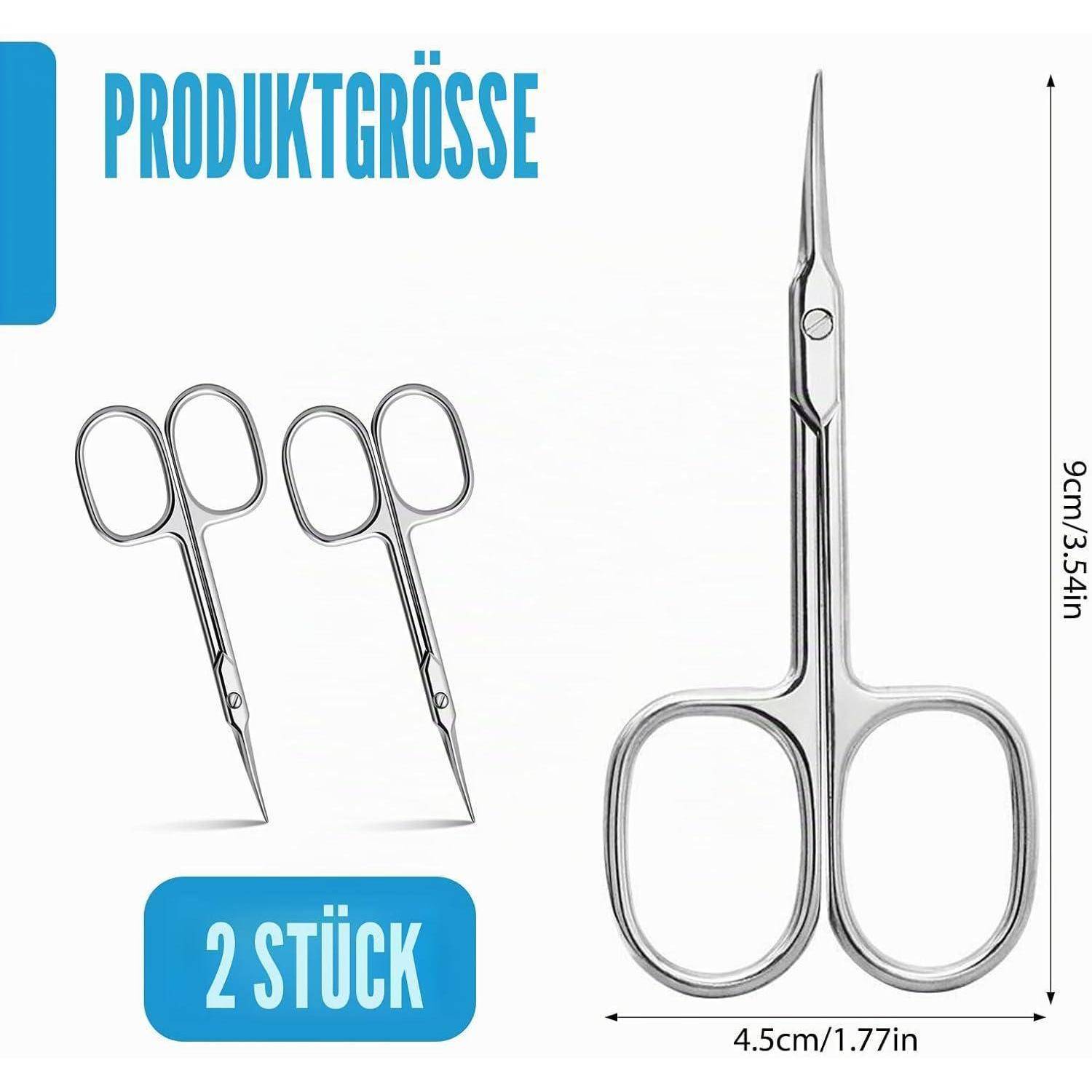 Produktgrößengrafik zeigt zwei kleine Edelstahlscheren mit der Bezeichnung „2 STÜCK