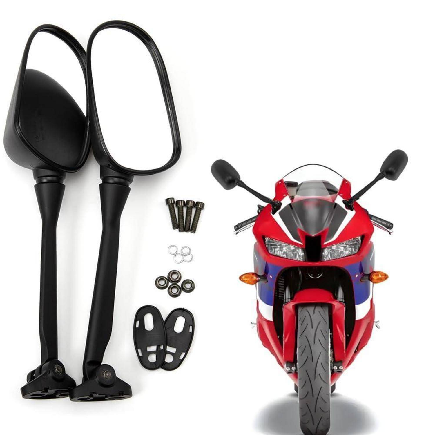 Motorrad von vorne mit zwei schwarzen Ersatz-Seitenspiegeln und Montagezubehör, die daneben auf weißem Hintergrund angeordnet sind.