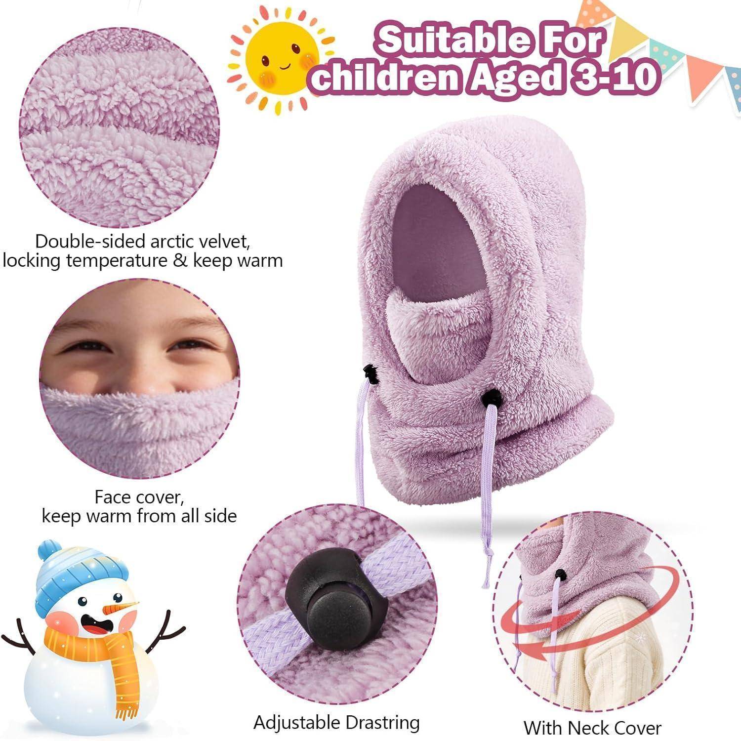 Produkt-Anzeige für eine Lavendel-Fleece-Sturmhaube mit Gesichtsöffnung, gekennzeichnet als „Geeignet für Kinder im Alter von 3-10 Jahren