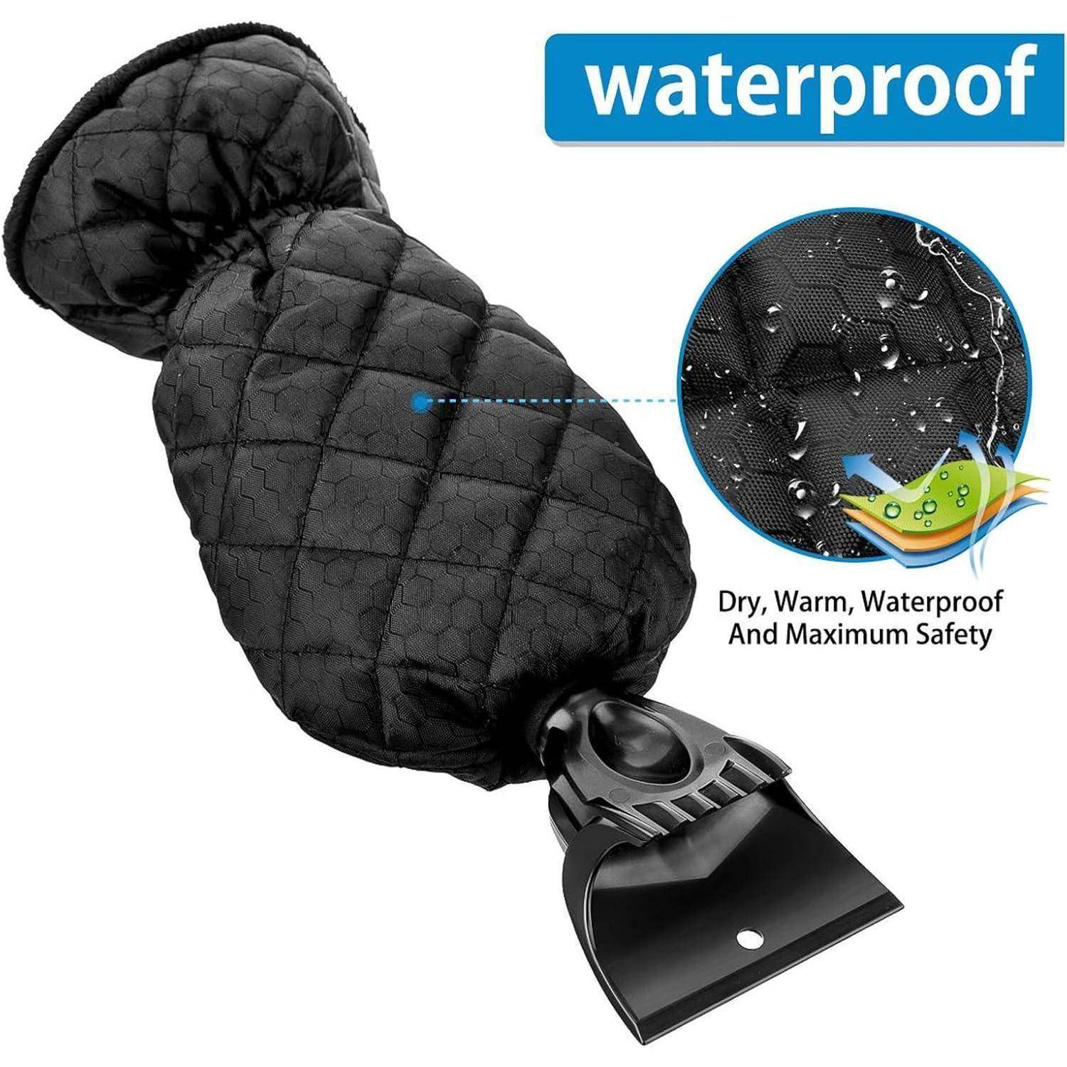 Schwarzer gesteppter wasserfester Hundestiefel mit Riemen; die Vergrößerung zeigt Wassertropfen und Text „wasserfest