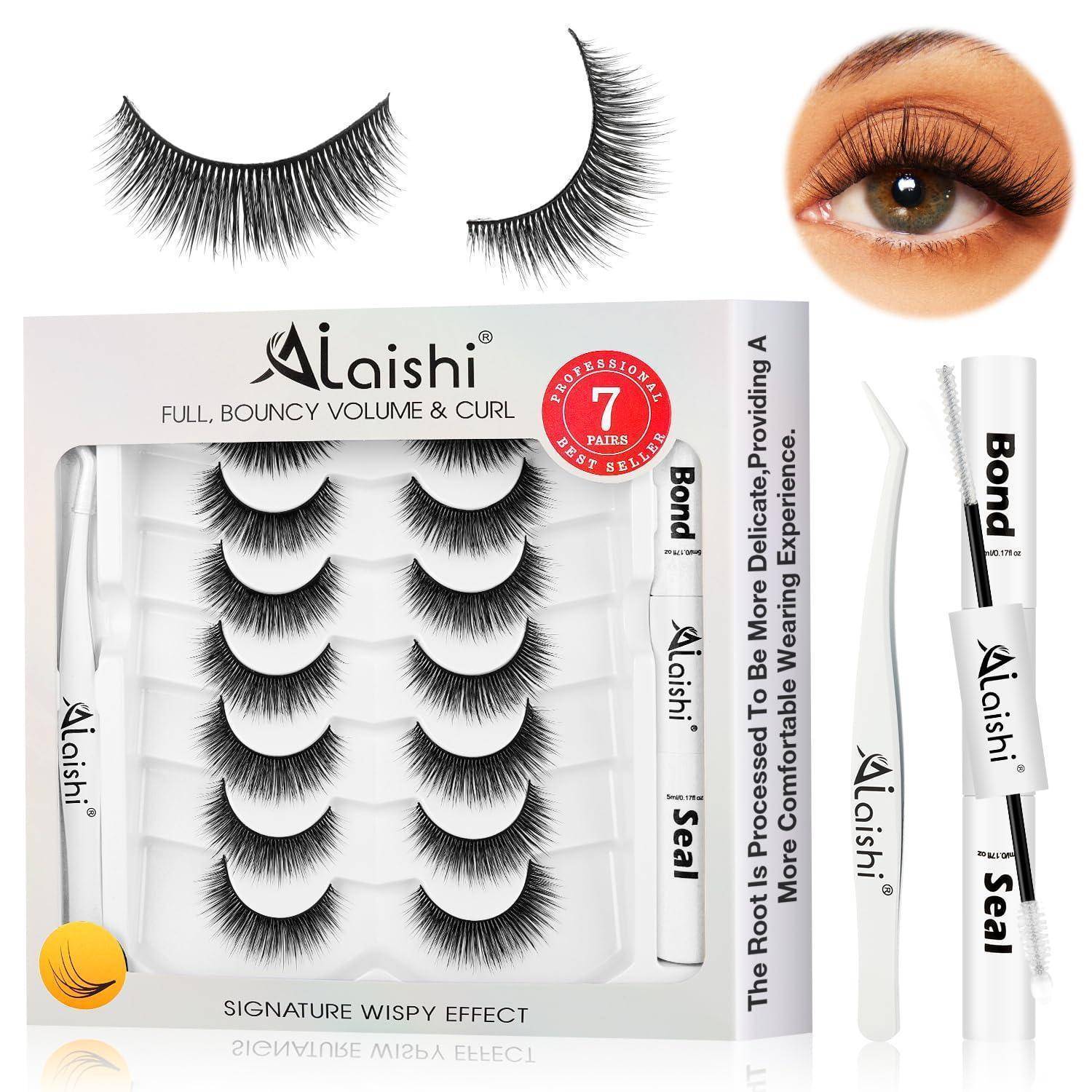 Alaishi Kunstwimpern-Set mit mehreren voluminösen Wimpernpaaren, Kleber und Versiegelungswerkzeugen, sowie eine Nahaufnahme eines geschminkten Auges, die die Wimpernwirkung zeigt.