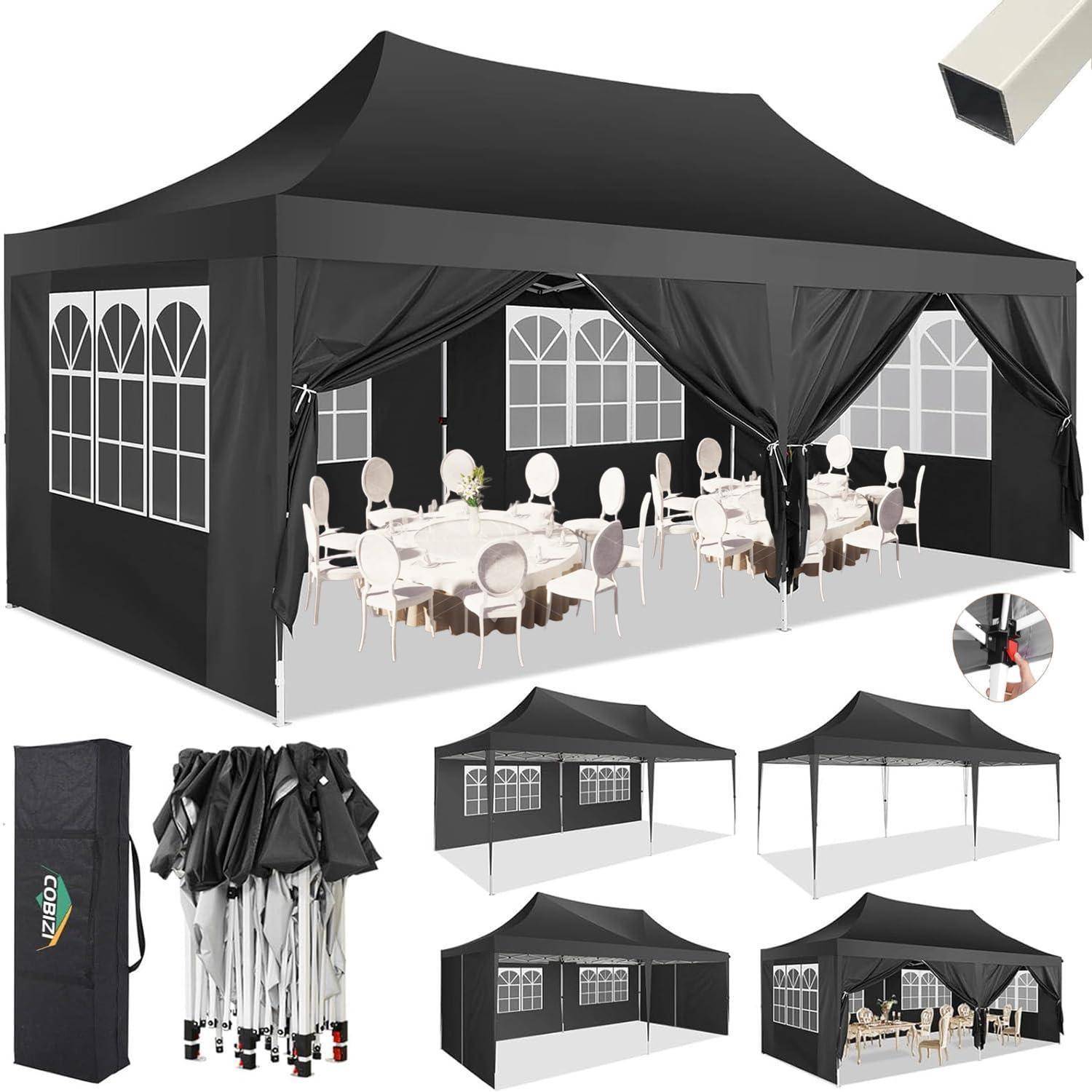 Collage aus einem schwarzen Pop-Up-Pavillon mit Seitenwänden, gezeigt in montiertem Zustand mit Banketttischen und Stühlen, sowie in zusammengefalteten und teilweise aufgebauten Ansichten.