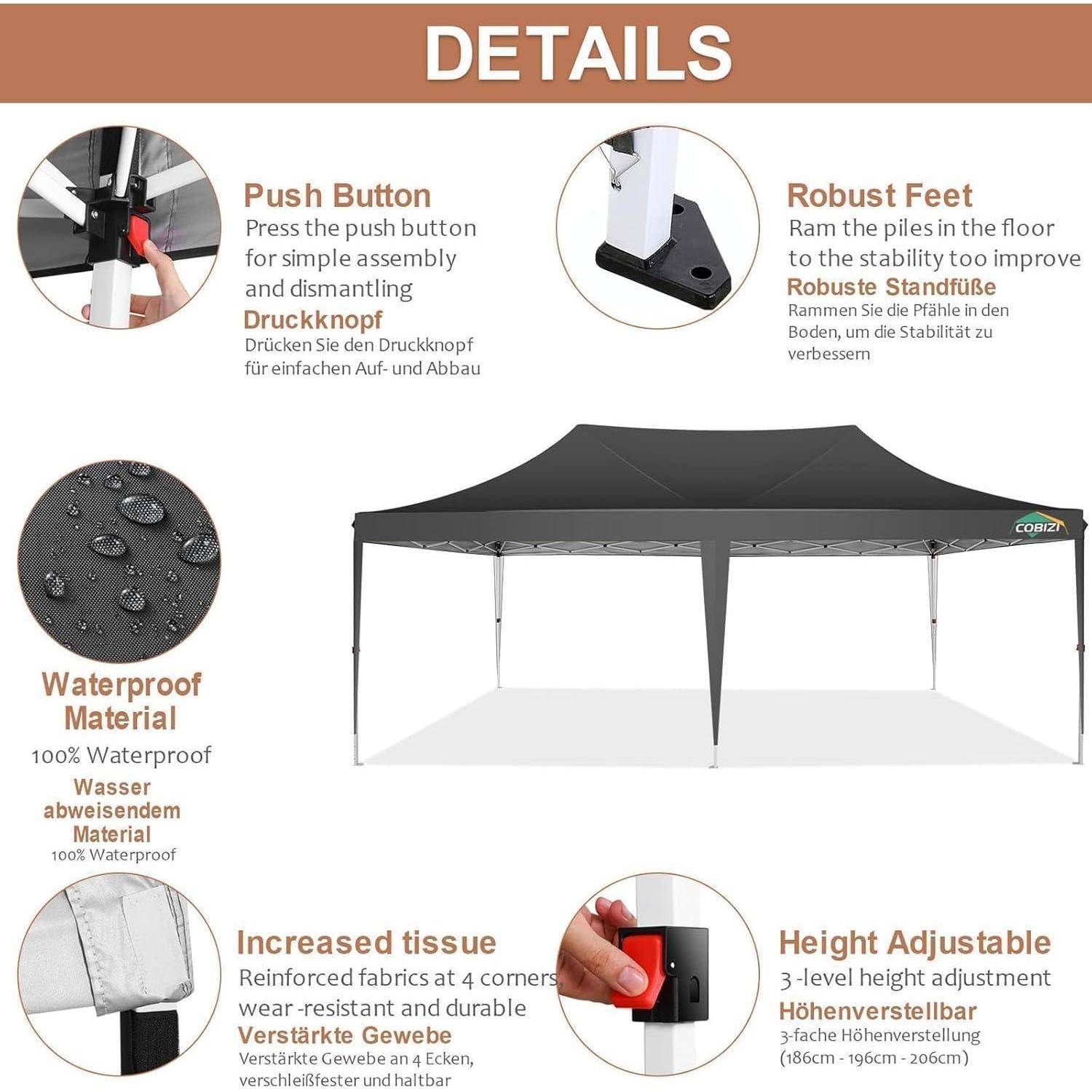 Produktdetails für ein schwarzes Pop-Up-Vorzeltdach: Druckknopfmontage, robuste Füße, wasserdichtes Material, verstärkte Ecken und 3-stufige Höhenverstellung.