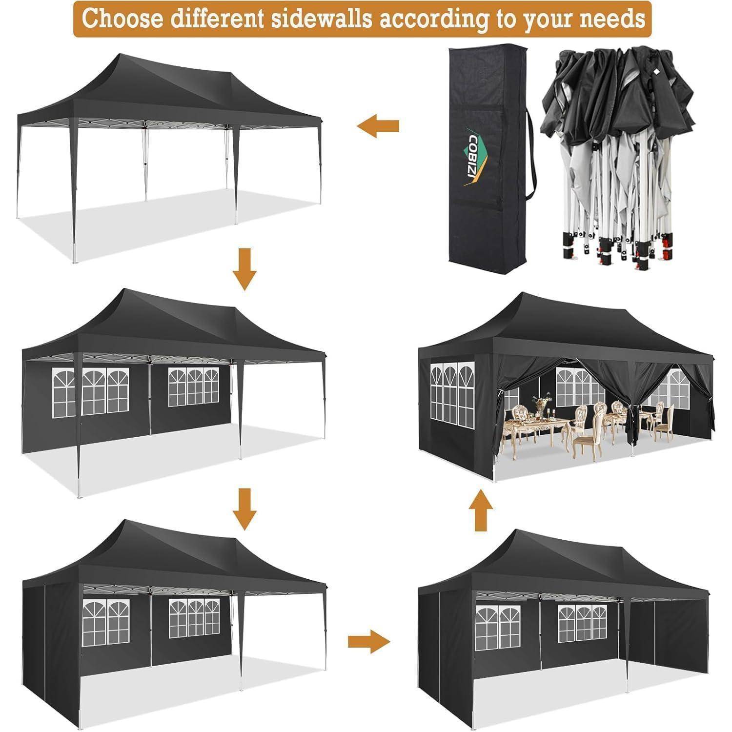 Diagramm mit einem Pop-Up-Pavillon mit austauschbaren Seitenwänden, von einem offenen Pavillon bis zum geschlossenen Zelt mit Fenster, Festwänden und Türpanelen.
