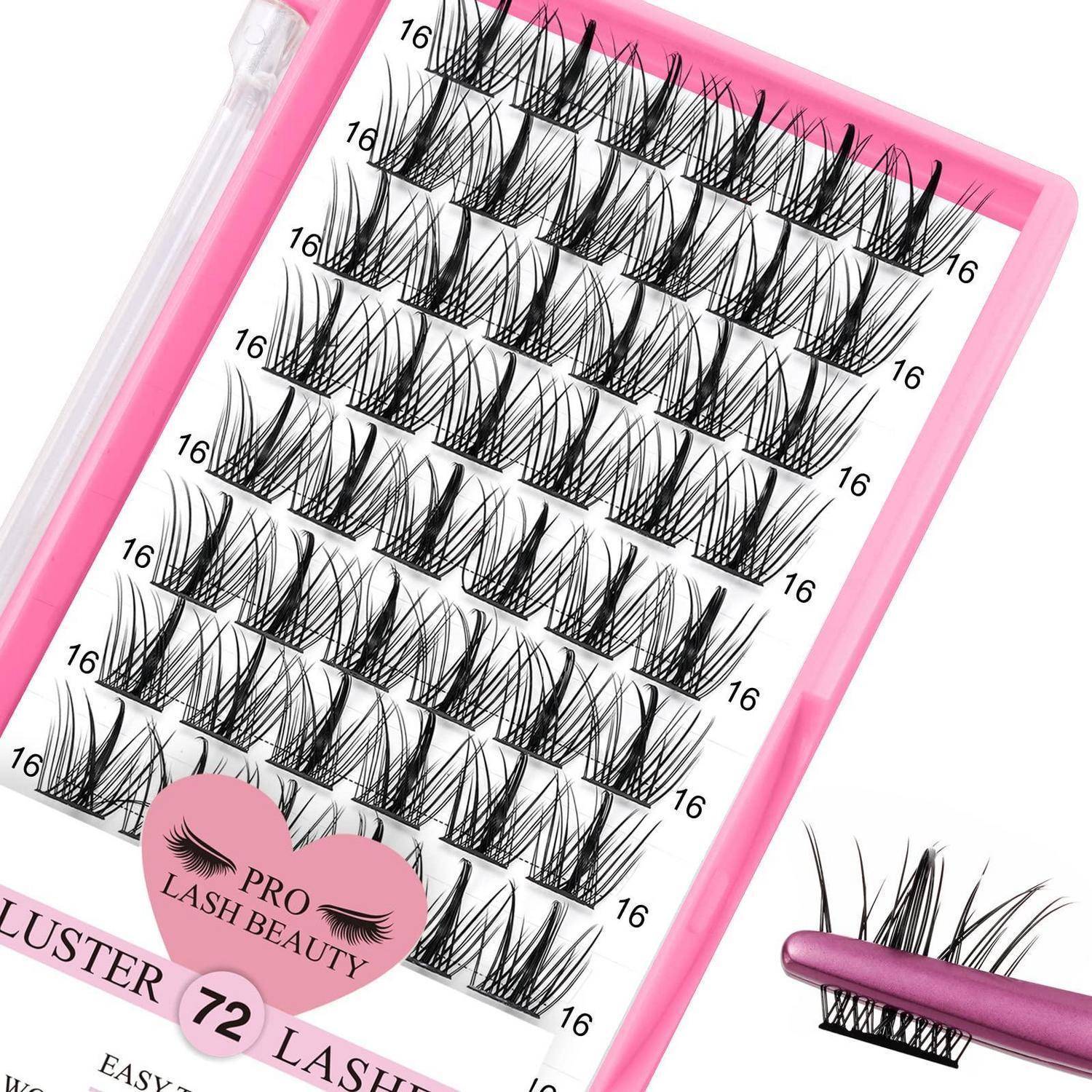 Rosa Tablett mit Wimpernverlängerungen gekennzeichnet mit „Lash Beauty Pro