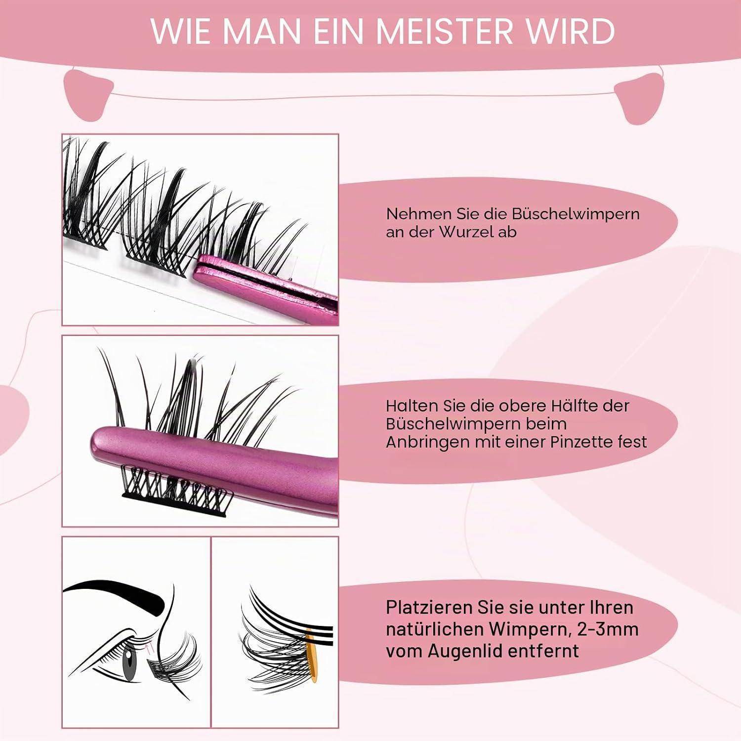 Deutsches Wimpernverlängerungs-Anleitungsgrafik mit dem Titel 