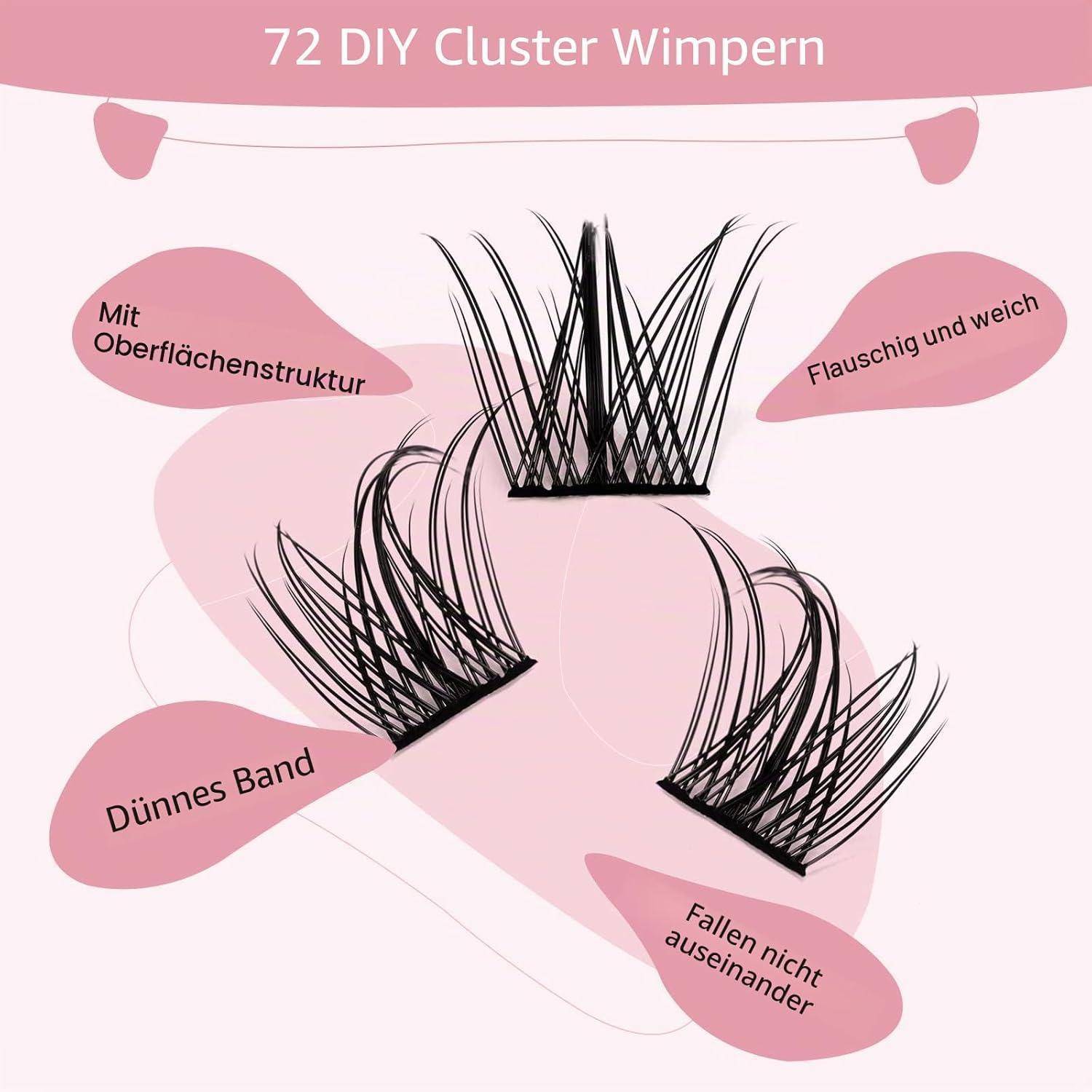 Werbegrafik für '72 DIY Cluster Wimpern' mit drei schwarzen Falschenwimpern-Clustern auf rosa Formen, auf Deutsch beschriftet als strukturiert, flauschig, dünnes Band und nicht ausfallend.