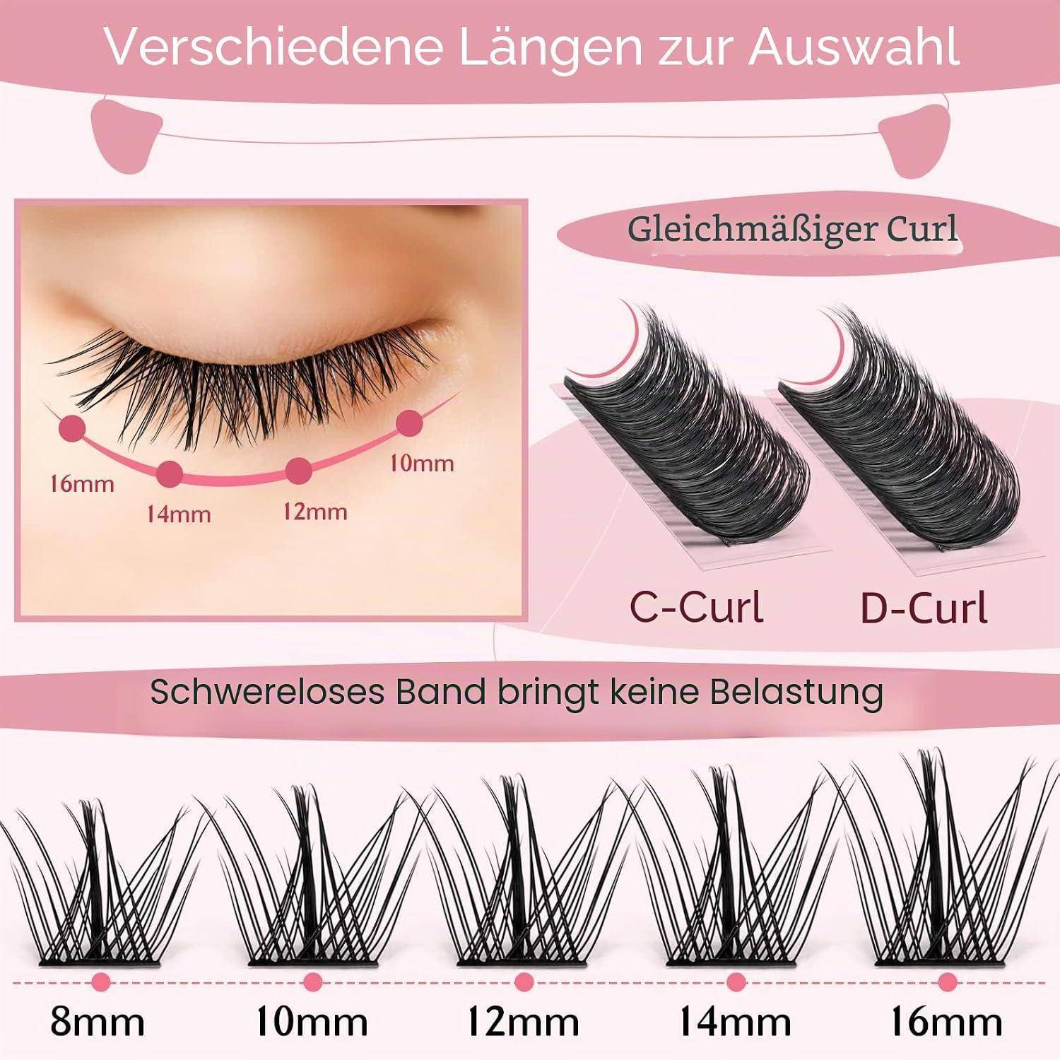 Anleitung für Wimpernverlängerungen: Erhältliche Längen von 8 mm bis 16 mm, C-Curl und D-Curl, und ein gewichtsloses Band belastet nicht.