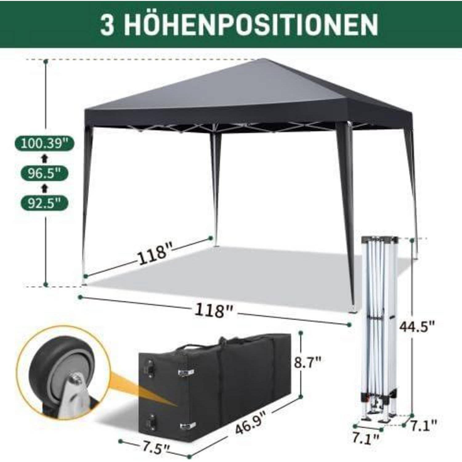Produktdiagramm eines Pop-up-Markisenzelte mit 3 Höhenpositionen, 118-Zoll-Basis, 44,5-Zoll-Rahmenhöhe und Abmessungen des zusammengefalteten Tragetaschengehäuses.
